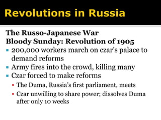 Revolution and Nationalism1900–1939 Political upheavals lead to the formation of a totalitarian state in Russia, civil war in China, and limited self-rule in India. 