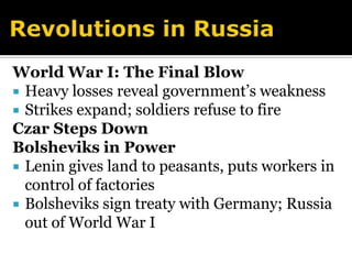 Revolutions in Russia The Russo-Japanese WarBloody Sunday: Revolution of 1905200,000 workers march on czar’s palace to  demand reformsArmy fires into the crowd, killing manyCzar forced to make reformsThe Duma, Russia’s first parliament, meetsCzar unwilling to share power; dissolves Duma after only 10 weeks