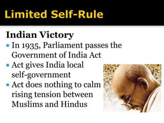 Tactics of Nonviolence Strikes and DemonstrationsCivil disobedience takes an economic toll on the BritishThe Salt MarchIn 1930, Gandhi protests Salt ActsSalt March—240-mile walk led by Gandhi to collect seawater for saltBritish police brutalize protestors; Indians gain worldwide support
