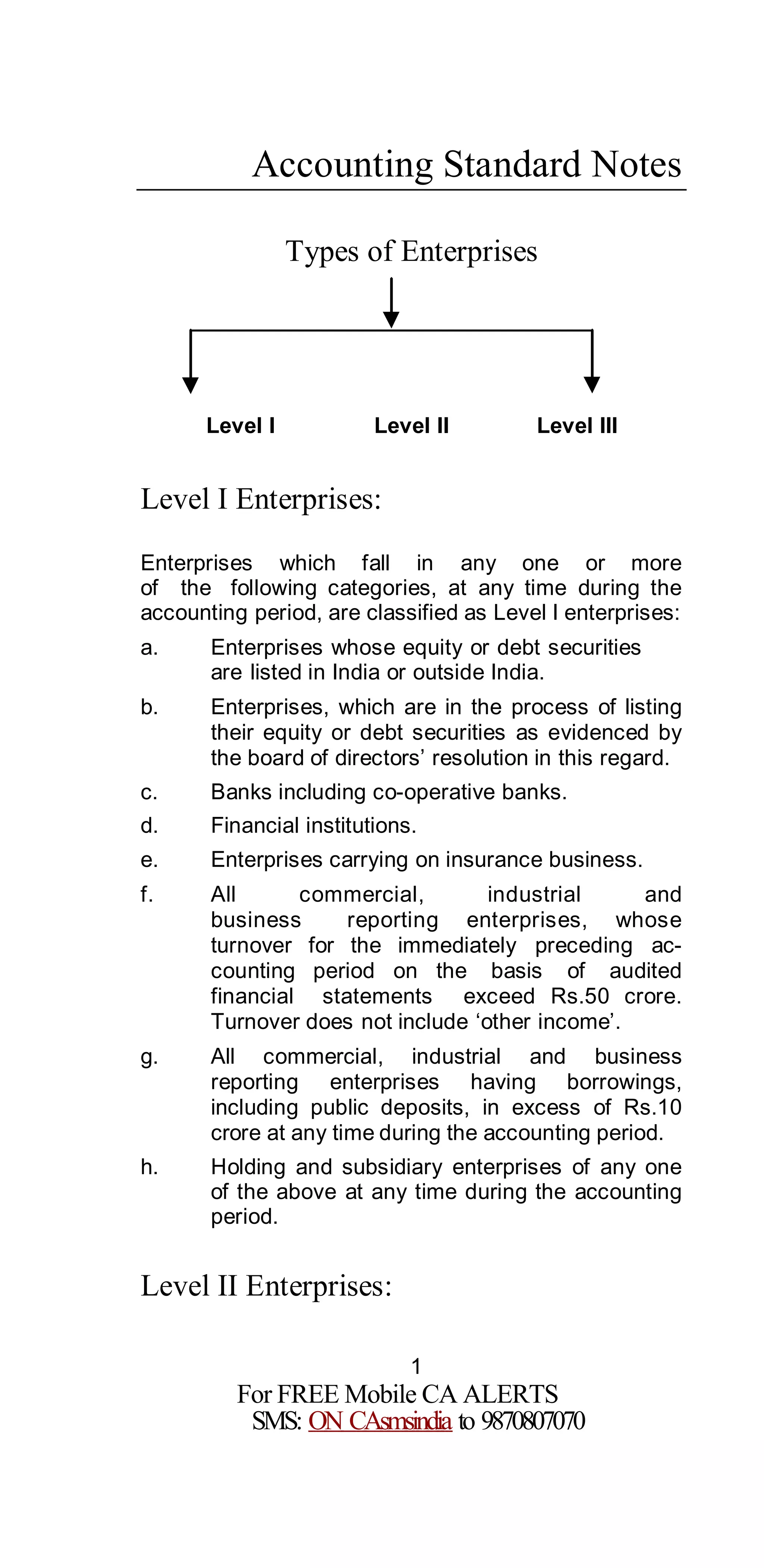 1
For FREE Mobile CA ALERTS
SMS: ON CAsmsindia to 9870807070
Accounting Standard Notes
Types of Enterprises
Level I Level II Level III
Level I Enterprises:
Enterprises which fall in any one or more
of the following categories, at any time during the
accounting period, are classified as Level I enterprises:
a. Enterprises whose equity or debt securities
are listed in India or outside India.
b. Enterprises, which are in the process of listing
their equity or debt securities as evidenced by
the board of directors’ resolution in this regard.
c. Banks including co-operative banks.
d. Financial institutions.
e. Enterprises carrying on insurance business.
f. All commercial, industrial and
business reporting enterprises, whose
turnover for the immediately preceding ac-
counting period on the basis of audited
financial statements exceed Rs.50 crore.
Turnover does not include ‘other income’.
g. All commercial, industrial and business
reporting enterprises having borrowings,
including public deposits, in excess of Rs.10
crore at any time during the accounting period.
h. Holding and subsidiary enterprises of any one
of the above at any time during the accounting
period.
Level II Enterprises:
 