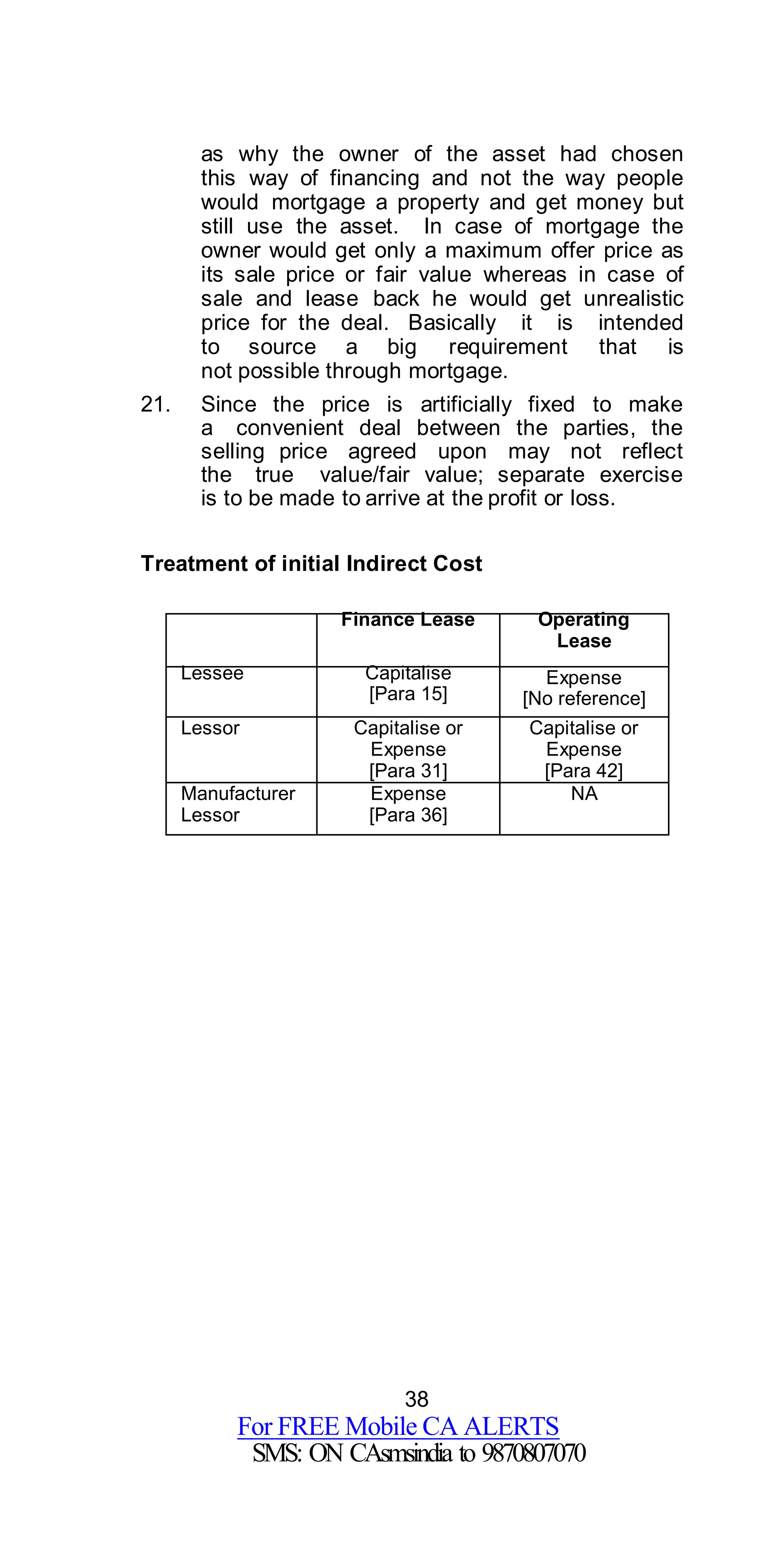 38
For FREE Mobile CA ALERTS
SMS: ON CAsmsindia to 9870807070
as why the owner of the asset had chosen
this way of financing and not the way people
would mortgage a property and get money but
still use the asset. In case of mortgage the
owner would get only a maximum offer price as
its sale price or fair value whereas in case of
sale and lease back he would get unrealistic
price for the deal. Basically it is intended
to source a big requirement that is
not possible through mortgage.
21. Since the price is artificially fixed to make
a convenient deal between the parties, the
selling price agreed upon may not reflect
the true value/fair value; separate exercise
is to be made to arrive at the profit or loss.
Treatment of initial Indirect Cost
Finance Lease Operating
Lease
Lessee Capitalise
[Para 15]
Expense
[No reference]
Lessor Capitalise or
Expense
[Para 31]
Capitalise or
Expense
[Para 42]
Manufacturer
Lessor
Expense
[Para 36]
NA
 
