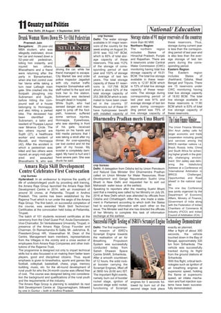 National/ Education11 New Delhi, 29 August - 4 September, 2016
cnp bureau
Delhi: The water storage
available in 91 major reser-
voirs of the country for the
week ending on August 24,
2016 was 102.147 BCM,
which is 65% of total stor-
age capacity of these
reservoirs. This was 112%
of the storage of corre-
sponding period of last
year and 102% of storage
of average of last ten
years. The total storage
capacity of these 91 reser-
voirs is 157.799 BCM
which is about 62% of the
total storage capacity of
253.388 BCM which is esti-
mated to have been creat-
ed in the country. 37
Reservoirs out of these 91
have hydropower benefit
with installed capacity of
more than 60 MW.
Northern Region
The northern region
includes States of
Himachal Pradesh, Punjab
and Rajasthan. There are
6 reservoirs under Central
Water Commission (CWC)
monitoring having total live
storage capacity of 18.01
BCM. The total live storage
available in these reser-
voirs is 12.97 BCM which
is 72% of total live storage
capacity of these reser-
voirs. The storage during
corresponding period of
last year was 91% and
average storage of last ten
years during correspon-
ding period was 75% of
live storage capacity of
these reservoirs. Thus,
storage during current year
is less than the correspon-
ding period of last year and
is also less than the aver-
age storage of last ten
years during the corre-
sponding period.
Eastern Region
The Eastern region
includes States of
Jharkhand, Odisha, West
Bengal and Tripura. There
are 15 reservoirs under
CWC monitoring having
total live storage capacity
of 18.83 BCM. The total
live storage available in
these reservoirs is 11.80
BCM which is 63% of total
live storage capacity of
these reservoirs.
Storagestatusof91majorreservoirsofthecountray
Pramesh Jain
Bangalore: 26-year-old
MBA student, who was
allegedly inebriated, drove
her car and mowed down a
52-year-old pedestrian,
killing him instantly, and
injured two others.
Bhavatharini and a friend
were returning after the
party in Banashankari,
when she lost control over
her Verna while taking a
turn near Lalbagh main
gate. She crashed into the
footpath ploughing into
Subramani and Sujith,
before hitting the com-
pound wall of a house
belonging to Honnappa,
and also hitting a parked
bike. The deceased has
been identified as
Subramani, a tailor and
resident of Thyappa Layout
near Minerva Circle. The
two others injured are
Sujith (27), a healthcare
worker and resident of
Mavalli, and Honnappa
(42). After the accident in
which a pedestrian was
killed and two others were
injured, an angry mob gath-
ered and assaulted
Bhavatharini N, who was
driving the car, while her
friend managed to escape.
City Market law and order
police inspector Jagadish
with city market traffic
inspector Somashekar with
staff rushed to the spot and
took her to the station.
Subramani was declared
brought dead in hospital.
While Sujith, who had
sensed danger and man-
aged to jump off the foot-
path, however, suffered
some serious injuries.
Honnappa, Eyewitness,
who was standing in front
of his gate, received
injuries on his hands and
told media persons that I
was taking a stroll after my
dinner. An over-speeding
car lost control and hit the
gate of my house. My
scooter is completely dam-
aged. My hand is hurt and I
have severe pain. She was
drunk he said.
DrunkWomanMowsDown55-YrOldPedestrian
cnp bureau
Delhi: A delegation from Odisha led by Union Petroleum
and Natural Gas Minister Shri Dharmendra Pradhan
called on Union Minister for Water Resources, River
Development and Ganga Rejuvenation Sushri Uma
Bharti in New Delhi and requested her to sort out
Mahanadi water issue at the earliest.
Speaking to reporters after the meeting Sushri Bharti
said that a meeting was called by her Ministry on July 29,
2016 at New Delhi which was attended by officials from
Odisha and Chhattisgarh. After this, she made a state-
ment in Parliament according to which both the States
had to exchange information with each other on the
issue. The Minister said that she has directed the officials
of her Ministry to complete this task of information
exchange at the earliest.
Dharmendra Pradhan meets Uma Bharti
Amara Raja Skill Development
Centre Celebrates First Convocation
cnp bureau
Hyderabad: In an endeavour to improve the quality of
life of underprivileged youth by providing skill training,
the Amara Raja Group launched the Amara Raja Skill
Development Centre in 2014, with an investment of
around 30 crores, at Pettamitta, Tirupati in Andhra
Pradesh. This centre has been established by the
Rajanna Trust which is run under the aegis of the Amara
Raja Group. The first batch, on successful completion of
the course, was awarded ‘Multi Skill Technician’
Certificates at the convocation held today at Pettamitta,
Tirupati.
The batch of 101 students received certificates at the
ceremony from the Chief Guest Prof. Avula Damodaram,
Vice-Chancellor, Sri Venkateswara University, Tirupati, in
presence of the Amara Raja Group Founder and
Chairman, Dr Ramachandra N Galla, Mr. Jaikrishna. B,
President-Group HR, Viswanathan M, Dean of the
Centre, Management team members, representatives
from the Villages in the vicinity and a cross section of
employees from Amara Raja Companies and other insti-
tutions of the Rajanna Trust.
The programme is designed not only to impart technical
skills but is also focussed is on making them better team
players, good and disciplined citizens. Thus, equal
emphasis is given to kinesthetics, sports and games like
football, volleyball, basketball, chess, yoga, memory
building, music, etc. for the all-round development of
rural youth for who the 24-month course was offered free
of cost. The course was designed taking into considera-
tion the background and qualifications of the rural youth
and the requirements of the industry.
The Amara Raja Group is planning to establish its next
Skill Development Centre at Diguvamagham, followed
by one in Guntur – both in Andhra Pradesh.
Delhi: The first experimen-
tal mission of ISRO’s
Scramjet Engine towards
the realisation of an Air
Breathing Propulsion
System was successfully
conducted today from
Satish Dhawan Space
Centre SHAR, Sriharikota.
After a smooth countdown
of 12 hours, the solid rock-
et booster carrying the
Scramjet Engines, lifted off
at 0600 hrs (6:00 am) IST.
The important flight events,
namely, burn out of booster
rocket stage, ignition of
second stage solid rocket,
functioning of Scramjet
engines for 5 seconds fol-
lowed by burn out of the
second stage took place
exactly as planned.
After a flight of about 300
seconds, the vehicle
touched down in the Bay of
Bengal, approximately 320
km from Sriharikota. The
vehicle was successfully
tracked during its flight
from the ground stations at
Sriharikota.
With this flight, critical tech-
nologies such as ignition of
air breathing engines at
supersonic speed, holding
the flame at supersonic
speed, air intake mecha-
nism and fuel injection sys-
tems have been success-
fully demonstrated.
SuccessfulFlightTestingofISRO’sScramjetEngineTechnologyDemonstrator
The Union Finance Minister
Shri Arun Jaitley calls for
larger economic and trade
cooperation including goods
and services among the
BRICS member nations i.e.
Brazil, Russia, India, China
and South Africa for achiev-
ing higher growth in the glob-
ally challenging environ-
ment. Shri Jaitley was deliv-
ering the Valedictory
Address at a Conference on
'International Arbitration in
BRICS: Challenges,
Opportunities and Road
ahead' in the national capi-
tal.
The one day Conference
was jointly organized by the
Department of Economic
Affairs, Ministry of Finance,
Government of India along
with the Federation of Indian
Chambers of Commerce &
Industry (FICCI) and Indian
Council of Arbitration (ICA).
TheUnionFinanceMinister.......
 