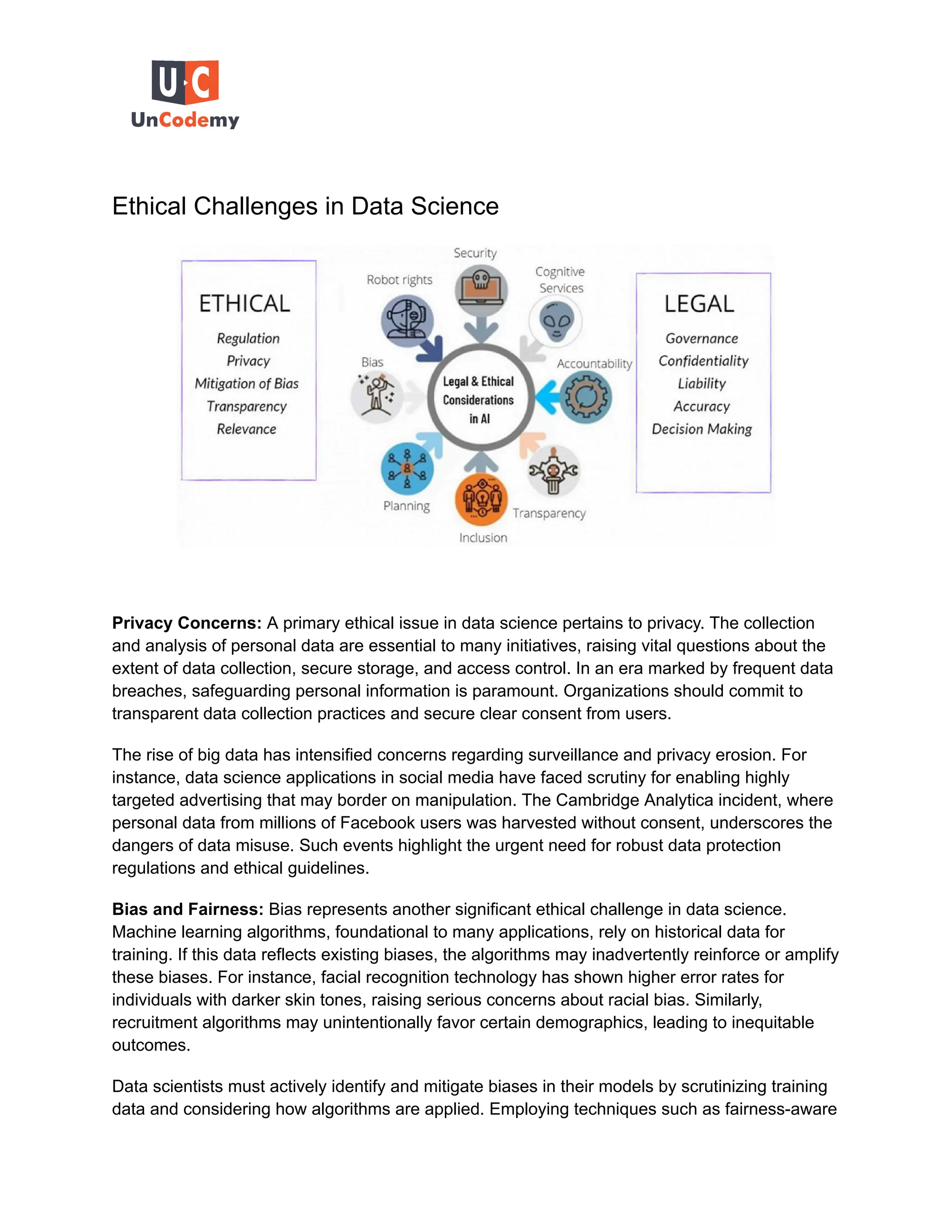 Ethical Challenges in Data Science
Privacy Concerns: A primary ethical issue in data science pertains to privacy. The collection
and analysis of personal data are essential to many initiatives, raising vital questions about the
extent of data collection, secure storage, and access control. In an era marked by frequent data
breaches, safeguarding personal information is paramount. Organizations should commit to
transparent data collection practices and secure clear consent from users.
The rise of big data has intensified concerns regarding surveillance and privacy erosion. For
instance, data science applications in social media have faced scrutiny for enabling highly
targeted advertising that may border on manipulation. The Cambridge Analytica incident, where
personal data from millions of Facebook users was harvested without consent, underscores the
dangers of data misuse. Such events highlight the urgent need for robust data protection
regulations and ethical guidelines.
Bias and Fairness: Bias represents another significant ethical challenge in data science.
Machine learning algorithms, foundational to many applications, rely on historical data for
training. If this data reflects existing biases, the algorithms may inadvertently reinforce or amplify
these biases. For instance, facial recognition technology has shown higher error rates for
individuals with darker skin tones, raising serious concerns about racial bias. Similarly,
recruitment algorithms may unintentionally favor certain demographics, leading to inequitable
outcomes.
Data scientists must actively identify and mitigate biases in their models by scrutinizing training
data and considering how algorithms are applied. Employing techniques such as fairness-aware
 
