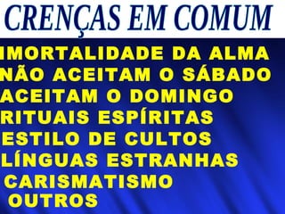 ACEITAM O DOMINGO
NÃO ACEITAM O SÁBADO
IMORTALIDADE DA ALMA
RITUAIS ESPÍRITAS
ESTILO DE CULTOS
LÍNGUAS ESTRANHAS
CARISMATISMO
OUTROS
 