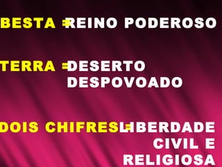 DOIS CHIFRES =
REINO PODEROSO
TERRA =
BESTA =
LIBERDADE
CIVIL E
RELIGIOSA
DESERTO
DESPOVOADO
 