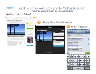 Zextit C Drives Web Browsing to Mobile Bookings
Personal, Visual, Instant, Trusted, Actionable
1	
 ? Zext a friend for quick opinion
Instant feedback2	
 ?
Weekend place in Tahoe?...
 