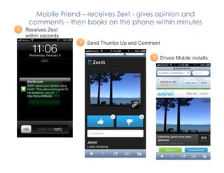 Mobile Friend C receives Zext - gives opinion and
comments C then books on the phone within minutes
1	
 ?
2	
 ?
3	
 ?
Receives Zext
within seconds
Send Thumbs Up and Comment
Drives Mobile installs
 