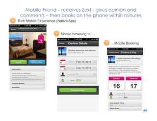 Mobile Friend C receives Zext - gives opinion and
comments C then books on the phone within minutes
4	
 ?
2	
 ?
3	
 ?
Rich Mobile Experience (Native App)
Mobile browsing to.
Mobile Booking
 