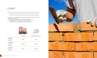 40 41forni in refrattario - KIT MONTAGGIO
80 kg 1 rotolo
100 kg 1 rotolo
120 kg 2 rotoli
KIT SMALL
cod. acKIT-small
Ø 80-90 cm
Ø 32-36 inch
KIT MEDIUM
cod. acKIT-mediu
Ø 100-120 cm
Ø 40-48 inch
KIT LARGE
cod. acKIT-large
Ø 130-140 cm
Ø 51-55 inch
kit assembly
kit di montaggio
The assembly kit contains all the products in refractory materials (mortar and ceramic fibres) needed
for installing an Alfa Ref oven. Three different solutions according to the size of the oven to install:
•	 Small kit for ovens whose diameter is between 80 cm (32 inches) and 90 cm (36 inches).
•	 Medium kit for ovens whose diameter is between 100 cm (40 inches) and 120 cm (48 inches).
•	 Large kit for the ovens whose diameter is between 130 cm (51 inches) and 140 cm (55 inches).
Il kit di montaggio contiene i prodotti in refrattario (malte e fibra ceramica) necessari a completare
l’installazione del forno Alfa Ref.
Tre diverse soluzioni a seconda delle dimensioni del forno da installare:
•	 il kit small (ideale per i forni con diametro compreso tra gli 80 ed i 90 cm),
•	 il kit medium (per in forni con diametro compreso tra i 100 ed 120 cm),
•	 il kit large (per in forni con diametro compreso tra i 130 ed 140 cm).
Ceramic fibre rolls
Materassino ceramico in rotoli
Grey Refrax
Refrax grigio
kit assembly - kit di montaggio
 