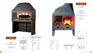 74 75
Focolare
Fiamma e brace 110
open Right - aperura DX
code: CREFB110DX
open Left - aperura SX
SX code: CREFB110SX
optional
side closing partition wall
paretina chiusura laterale
cod. XCSPFEB
level for the fire slab h 81 cm
sopralzi per piano fuoco h 81 cm
cod. XCBSFEB
spinning grill
griglia girevole
cod. GRIGIREL
18 m2
25 kw
7 kw
ø 30 cm
410 kg
15x15 cm
minimum environment
ambiente minimo
maximum power
potenza massima
heat output
resa termica
flue exit
uscita fumi
weight
peso
air vent
presa d’aria
ø 20 cm +7 m
ø 25 cm 4,5/7 m
ø 30 cm 3/4,5 m
ø 35 cm 3 m
51
50
60
110
65
30
focolari da cottura
section - sezione height - altezza
Focolare
Ristora
cod: RISTORA
optional
second level of the fire slab h 89cm
secondo sopralzo piano fuoco h89 cm
cod. XCSRISTO
third barbecue grill
terza griglia barbecue
cod. GRIRISTO
22 m2
30 kw
10 kw
ø 30 cm
400 kg
15x15 cm
minimum environment
ambiente minimo
maximum power
potenza massima
heat output
resa termica
flue exit
uscita fumi
weight
peso
air vent
presa d’aria
ø 20 cm +9 m
ø 25 cm 7/9 m
ø 30 cm 5/7 m
ø 35 cm 4/5 m
49
50
57,5
145
63,5
156,5
30
HEARTHS FOR COOKING
section - sezione height - altezza
 