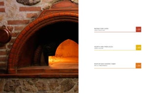 REFRACTORY OVEN
forni in refrattario p.20
Hearth AND FIREPLACES
camini e focolari p.68
MORTAR AND ceramic fiber
malta e fibraceramica
p.94
 