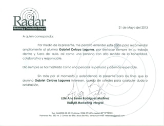 Carta de recomendación Radar Marketing y Consultoría Integral