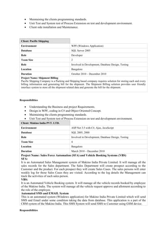 • Maintaining the clients programming standards.
• Unit Test and System test of Process Extension on test and development environment.
• Client side installation and Maintenance.
Client: Pacific Shipping
Environment WPF (Windows Application)
Database SQL Server 2005
Role Developer
Team Size 2
Role Involved in Development, Database Design, Testing
Location Bangalore
Duration October 2010 – December 2010
Project Name: Shipment Billing
Pacific Shipping Company is a Packing and Shipping based company requires solution for storing each and every
billing information and generating bill for the shipment. The Shipment Billing solution provides user friendly
interface system to store all the shipment related data and generate the bill for the shipment.
Responsibilities
• Understanding the Business and project Requirements.
• Design in WPF, coding in C# and Object Oriented Concept.
• Maintaining the clients programming standards.
• Unit Test and System test of Process Extension on test and development environment.
Client: Makino India PVT. LTD.
Environment ASP.Net 3.5 with C#, Ajax, JavaScript
Database SQL 2005, 2000
Role Involved in Development, Database Design, Testing
Team Size 4
Location Bangalore
Duration March 2010 – December 2010
Project Name: Sales Force Automation (SFA) and Vehicle Booking Systems (VBS)
SFA:
It is an Automated Sales Management system of Makino India Private Limited. It will manage all the
sales records for the Sales department. The Sales Department will create prospect according to the
Customer and the product. For each prospect they will create Sales Cases. The sales persons will enter
weekly log for those Sales Cases they are visited. According to the log details the Management can
track the activities of each sales person.
VBS:
It is an Automated Vehicle Booking system. It will manage all the vehicle records booked by employee
of the Makino India. The system will manage all the vehicle request approve and allotment according to
the role of the employee.
Automated SMS and EMAIL System
This is an automated system (Windows application) for Makino India Private Limited which will send
SMS and Email under some condition taking the data from database. This application is a part of the
CRM system of the Makino India. This SMS System will send SMS to Customer using GSM device.
Responsibilities
 