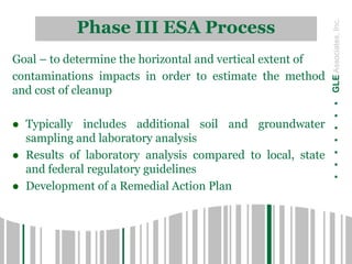 Phase III ESA Process
.......GLEAssociates,Inc.
Goal – to determine the horizontal and vertical extent of
contaminations impacts in order to estimate the method
and cost of cleanup
 Typically includes additional soil and groundwater
sampling and laboratory analysis
 Results of laboratory analysis compared to local, state
and federal regulatory guidelines
 Development of a Remedial Action Plan
 