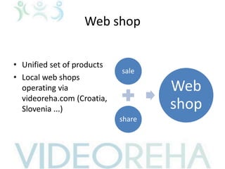 Web shop
• Unified set of products
• Local web shops
operating via
videoreha.com (Croatia,
Slovenia ...)
sale
share
Web
shop
 