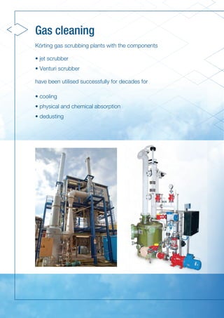 Gas cleaning
Körting gas scrubbing plants with the components
• jet scrubber
• Venturi scrubber
have been utilised successfully for decades for
• cooling
• physical and chemical absorption
• dedusting
 