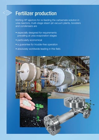 Fertilizer production
Körting HP ejectors for re-feeding the carbamate solution in
urea reactors, multi-stage steam jet vacuum plants, boosters
and condensers are
• especially designed for requirements
prevailing at urea evaporation stages
• particularly economical
•	a guarantee for trouble-free operation
•	absolutely worldwide leading in this field.
 