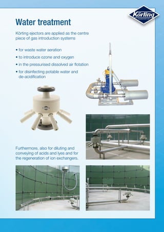 •	for waste water aeration
•	to introduce ozone and oxygen
•	in the pressurised dissolved air flotation
•	for disinfecting potable water and
de-acidification
Water treatment
Körting ejectors are applied as the centre
piece of gas introduction systems
Furthermore, also for diluting and
conveying of acids and lyes and for
the regeneration of ion exchangers.
 