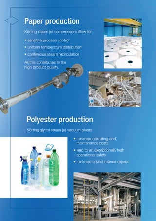 Paper production
Polyester production
Körting steam jet compressors allow for
All this contributes to the
high product quality.
Körting glycol steam jet vacuum plants
•	sensitive process control
• uniform temperature distribution
• continuous steam recirculation
•	minimise operating and
maintenance costs
• lead to an exceptionally high
operational safety
• minimise environmental impact
 