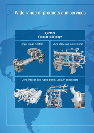 Wide range of products and services
Single-stage ejectors
Condensation and hybrid plants, vacuum condensers
Multi-stage vacuum systems
Ejectors
Vacuum technology
 