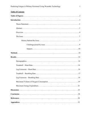 Predicting Fatigue in Military Personnel Using Wearable Technology 1
Table of Contents
Table of Figures…………………………………………………………………………………..2
Introduction………………………………………………………………………………………3
Thesis Statement...……………………………………………………...…………………3
Abstract……………………………………………….………………...…………………3
Overview…………………………………………...…………………...…………………4
The Issue…………………………………………...…………………...…………………7
History Behind the Issue…………………………………………...……...………7
Challenge posed by issue………..………………………………………...9
Impacts…………………………………………………………………...10
Methods………………………………………………………………………………………….10
Results...........................................................................................................................................14
Demographics……………………………………………………………………………14
Treadmill – Heart Rate…………………………………………………………………..14
Leg Extension – Heart Rate……………………………………………………………...16
Treadmill – Breathing Rate………………………………………………………………17
Leg Extension – Breathing Rate…………………………………………………………18
Maximum Volume of Oxygen Consumption…………………………………………....19
Maximum Energy Expenditure………………………………………………………….21
Discussion……………………………………………………………………………………….23
Conclusion………………………………………………………………………...…………….28
References……………………………………………………………………………….……...30
Appendices………………………………………………………………………………….…..32
 
