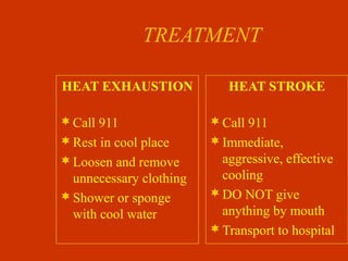 TREATMENT
HEAT EXHAUSTION
Call 911
Rest in cool place
Loosen and remove
unnecessary clothing
Shower or sponge
with cool water
HEAT STROKE
Call 911
Immediate,
aggressive, effective
cooling
DO NOT give
anything by mouth
Transport to hospital
 