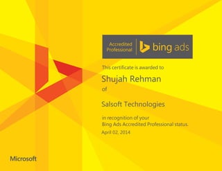 Shujah Rehman
Salsoft Technologies
April 02, 2014
 