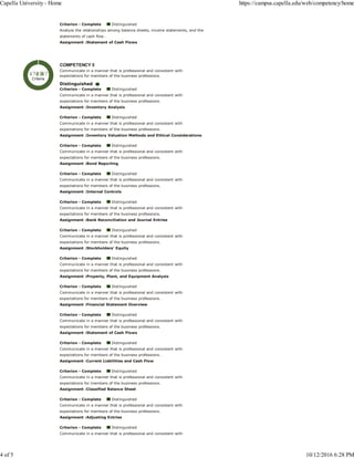 Assignment :
Criterion - Complete Distinguished
Analyze the relationships among balance sheets, income statements, and the
statements of cash flow.
Statement of Cash Flows
Communicate in a manner that is professional and consistent with
expectations for members of the business professions.
Assignment :
Assignment :
Assignment :
Assignment :
Assignment :
Assignment :
Assignment :
Assignment :
Assignment :
Assignment :
Assignment :
Assignment :
COMPETENCY 5
Distinguished
Criterion - Complete Distinguished
Communicate in a manner that is professional and consistent with
expectations for members of the business professions.
Inventory Analysis
Criterion - Complete Distinguished
Communicate in a manner that is professional and consistent with
expectations for members of the business professions.
Inventory Valuation Methods and Ethical Considerations
Criterion - Complete Distinguished
Communicate in a manner that is professional and consistent with
expectations for members of the business professions.
Bond Reporting
Criterion - Complete Distinguished
Communicate in a manner that is professional and consistent with
expectations for members of the business professions.
Internal Controls
Criterion - Complete Distinguished
Communicate in a manner that is professional and consistent with
expectations for members of the business professions.
Bank Reconciliation and Journal Entries
Criterion - Complete Distinguished
Communicate in a manner that is professional and consistent with
expectations for members of the business professions.
Stockholders' Equity
Criterion - Complete Distinguished
Communicate in a manner that is professional and consistent with
expectations for members of the business professions.
Property, Plant, and Equipment Analysis
Criterion - Complete Distinguished
Communicate in a manner that is professional and consistent with
expectations for members of the business professions.
Financial Statement Overview
Criterion - Complete Distinguished
Communicate in a manner that is professional and consistent with
expectations for members of the business professions.
Statement of Cash Flows
Criterion - Complete Distinguished
Communicate in a manner that is professional and consistent with
expectations for members of the business professions.
Current Liabilities and Cash Flow
Criterion - Complete Distinguished
Communicate in a manner that is professional and consistent with
expectations for members of the business professions.
Classified Balance Sheet
Criterion - Complete Distinguished
Communicate in a manner that is professional and consistent with
expectations for members of the business professions.
Adjusting Entries
Criterion - Complete Distinguished
Communicate in a manner that is professional and consistent with
RI
Criteria
Capella University - Home https://campus.capella.edu/web/competency/home
4 of 5 10/12/2016 6:28 PM
 