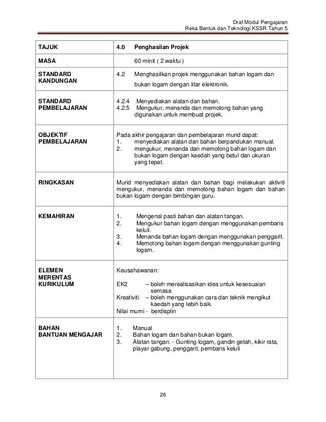 Modul Pengajaran Rekabentuk Teknologi Kssr Tahun 5
