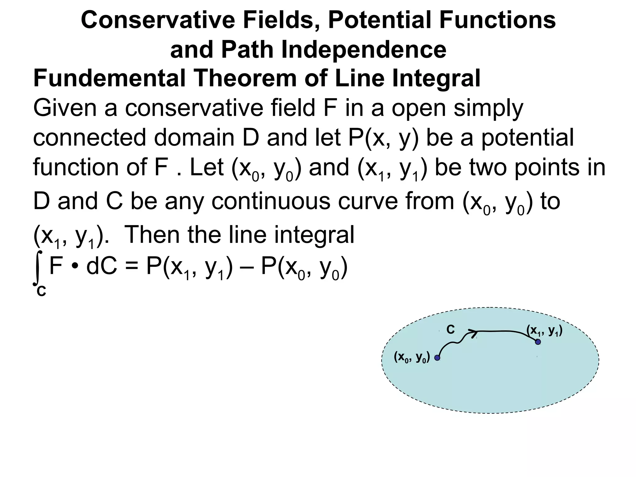 Fundemental Theorem of Line Integral
Given a conservative field F in a open simply
connected domain D and let P(x, y) be a potential
function of F . Let (x0, y0) and (x1, y1) be two points in
D and C be any continuous curve from (x0, y0) to
(x1, y1). Then the line integral
Conservative Fields, Potential Functions
and Path Independence
∫C
F • dC = P(x1, y1) – P(x0, y0)
(x0, y0)
(x1, y1)C
 