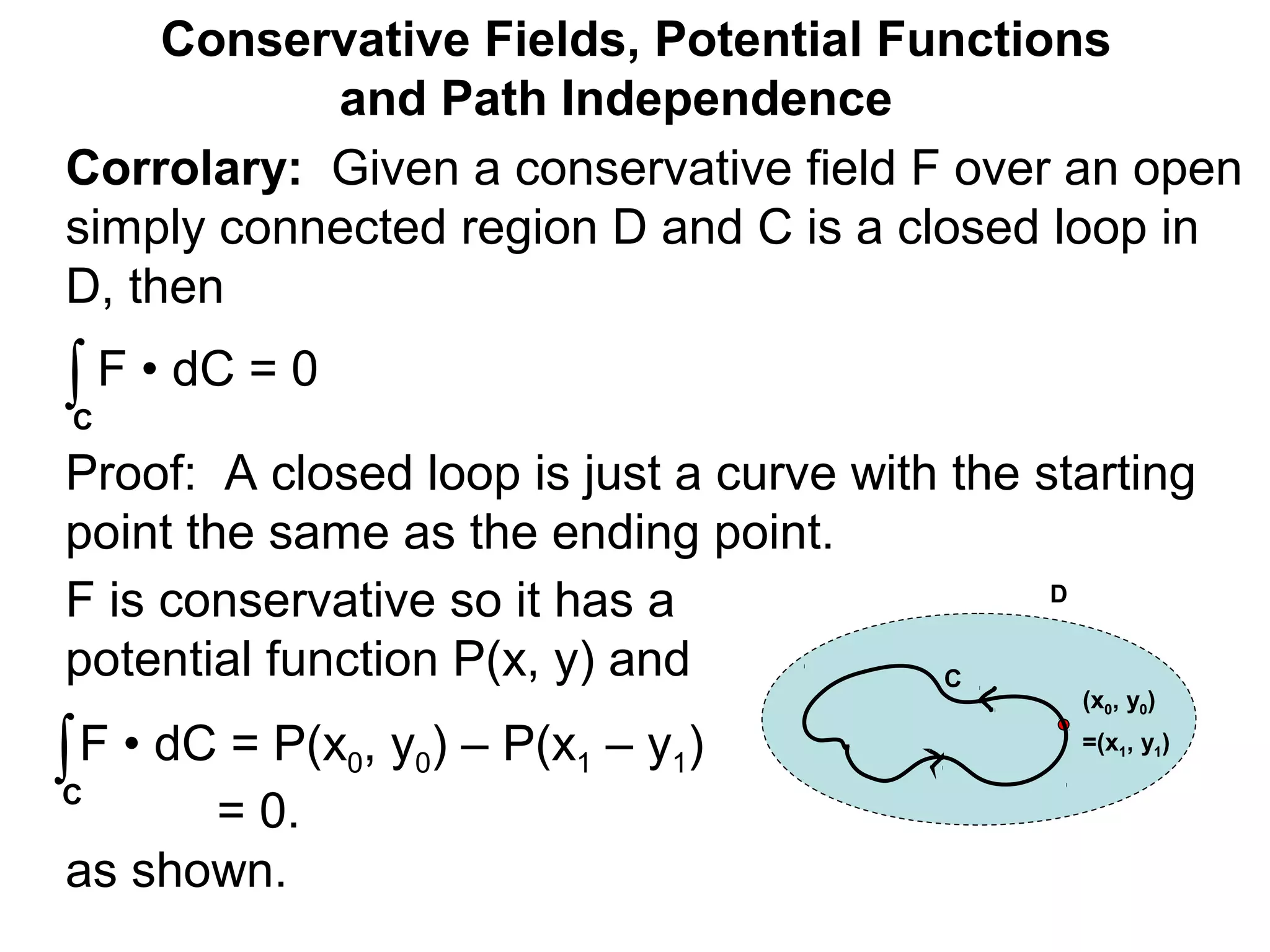 Corrolary: Given a conservative field F over an open
simply connected region D and C is a closed loop in
D, then
Conservative Fields, Potential Functions
and Path Independence
∫C
F • dC = 0
(x0, y0)
=(x1, y1)
Proof: A closed loop is just a curve with the starting
point the same as the ending point.
F is conservative so it has a
potential function P(x, y) and
∫C
F • dC = P(x0, y0) – P(x1 – y1)
= 0.
as shown.
C
D
 