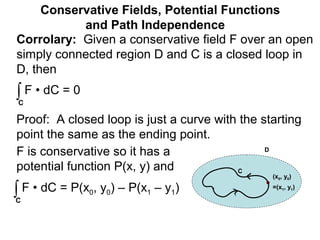 Corrolary: Given a conservative field F over an open
simply connected region D and C is a closed loop in
D, then
Conservative Fields, Potential Functions
and Path Independence
∫C
F • dC = 0
(x0, y0)
=(x1, y1)
Proof: A closed loop is just a curve with the starting
point the same as the ending point.
F is conservative so it has a
potential function P(x, y) and
∫C
F • dC = P(x0, y0) – P(x1 – y1)
C
D
 