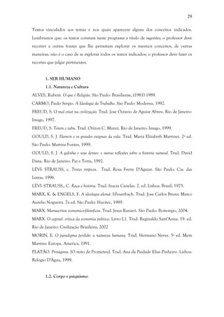 29
Textos vinculados aos temas e nos quais aparecem alguns dos conceitos indicados.
Lembramos que: os textos constam neste programa a título de sugestões; o professor deve
recorrer a outras fontes que lhe permitam explorar os mesmos conceitos, de outras
maneiras; não é o caso de se explorar todos os textos indicados; o professor deve fazer os
recortes que julgar pertinentes.
1. SER HUMANO
1.1. Natureza e Cultura
ALVES, Rubem. O que é Religião. São Paulo: Brasiliense, (1981) 1989.
CARMO, Paulo Sergio. A Ideologia do Trabalho. São Paulo: Moderna, 1992.
FREUD, S. O mal estar na civilização. Trad. Jose Octavio de Aguiar Abreu. Rio de Janeiro:
Imago, 1997.
FREUD, S. Totem e tabu. Trad. Orizon C. Muniz. Rio de Janeiro: Imago, 1999.
GOULD, S. J. Darwin e os grandes enigmas da vida. Trad. Maria Elizabeth Martinez. 2ª ed.
São Paulo: Martins Fontes, 1999.
GOULD, S. J. A galinha e seus dentes: e outras reflexões sobre a historia natural. Trad. David
Dana. Rio de Janeiro: Paz e Terra, 1992.
LÉVI- STRAUSS, c. Tristes trópicos. Trad. Rosa Freire D'Aguiar. São Paulo: Cia. das
Letras, 1996.
LÉVI- STRAUSS,, C. Raça e história. Trad. Inacia Canelas. 2. ed. Lisboa: Brasil: 1975.
MARX, K. & ENGELS, F. A ideologia alemã: I-Feuerbach. Trad. Jose Carlos Bruni; Marco
Aurelio Nogueira. 7a ed. São Paulo: Hucitec, 1989.
MARX. Manuscritos economico-filosoficos. Trad. Jesus Ranieri. São Paulo: Boitempo, 2004.
MARX. O capital: crítica da economia política. Livro I,1. Trad. Reginaldo Sant'Anna. 19. ed.
Rio de Janeiro: Civilização Brasileira, 2002
MORIN, E. O paradigma perdido: a natureza humana. Trad. Hermano Neves. 5ª ed. Mem
Martins: Europa. America, 1991.
PLATÃO. Protágoras. [O mito de Prometeu]. Trad. Ana da Piedade Elias Pinheiro. Lisboa:
Relógio D'Água, 1999.
1.2. Corpo e psiquismo
 