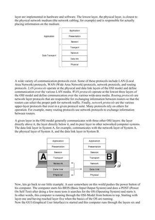 layer are implemented in hardware and software. The lowest layer, the physical layer, is closest to
the physical network medium (the network cabling, for example) and is responsible for actually
placing information on the medium.
A wide variety of communication protocols exist. Some of these protocols include LAN (Local
Area Network) protocols, WAN (Wide Area Network) protocols, network protocols, and routing
protocols. LAN protocols operate at the physical and data link layers of the OSI model and define
communication over the various LAN media. WAN protocols operate at the lowest three layers of
the OSI model and define communication over the various wide-area media. Routing protocols are
network layer protocols that are responsible for exchanging information between routers so that the
routers can select the proper path for network traffic. Finally, network protocols are the various
upper-layer protocols that exist in a given protocol suite. Many protocols rely on others for
operation. For example, many routing protocols use network protocols to exchange information
between routers.
A given layer in the OSI model generally communicates with three other OSI layers: the layer
directly above it, the layer directly below it, and its peer layer in other networked computer systems.
The data link layer in System A, for example, communicates with the network layer of System A,
the physical layer of System A, and the data link layer in System B.
Now, lets go back to our little example. A user somewhere on this world pushes the power button of
his computer. The computer starts his BIOS (Basic Input Output System) and does a POST (Power
On Self Test) after doing a few more tests it searches for the OS (Operating System) and starts it.
In other words, this computer is running through the OSI-Model from bottom to top. Starting with
layer one and having reached layer five when the basics of the OS are running.
Now the GUI (Graphical User Interface) is started and this computer runs through the layers six and
 