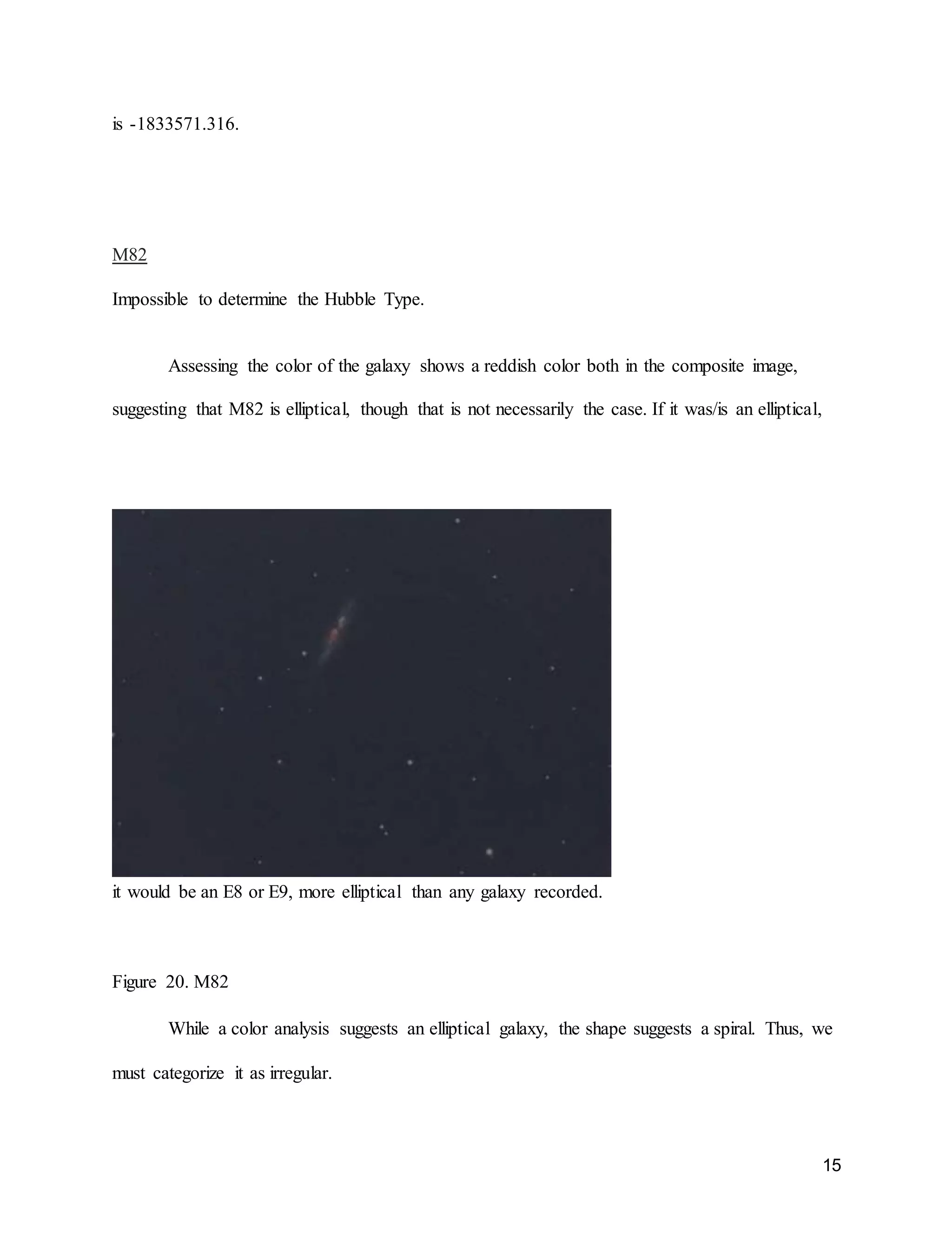 15
is -1833571.316.
M82
Impossible to determine the Hubble Type.
Assessing the color of the galaxy shows a reddish color both in the composite image,
suggesting that M82 is elliptical, though that is not necessarily the case. If it was/is an elliptical,
it would be an E8 or E9, more elliptical than any galaxy recorded.
Figure 20. M82
While a color analysis suggests an elliptical galaxy, the shape suggests a spiral. Thus, we
must categorize it as irregular.
 