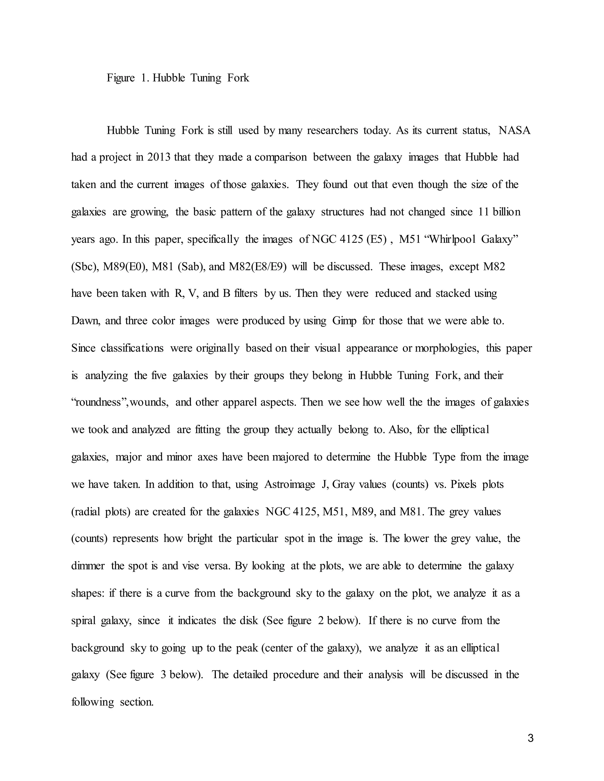 3
Figure 1. Hubble Tuning Fork
Hubble Tuning Fork is still used by many researchers today. As its current status, NASA
had a project in 2013 that they made a comparison between the galaxy images that Hubble had
taken and the current images of those galaxies. They found out that even though the size of the
galaxies are growing, the basic pattern of the galaxy structures had not changed since 11 billion
years ago. In this paper, specifically the images of NGC 4125 (E5) , M51 “Whirlpool Galaxy”
(Sbc), M89(E0), M81 (Sab), and M82(E8/E9) will be discussed. These images, except M82
have been taken with R, V, and B filters by us. Then they were reduced and stacked using
Dawn, and three color images were produced by using Gimp for those that we were able to.
Since classifications were originally based on their visual appearance or morphologies, this paper
is analyzing the five galaxies by their groups they belong in Hubble Tuning Fork, and their
“roundness”,wounds, and other apparel aspects. Then we see how well the the images of galaxies
we took and analyzed are fitting the group they actually belong to. Also, for the elliptical
galaxies, major and minor axes have been majored to determine the Hubble Type from the image
we have taken. In addition to that, using Astroimage J, Gray values (counts) vs. Pixels plots
(radial plots) are created for the galaxies NGC 4125, M51, M89, and M81. The grey values
(counts) represents how bright the particular spot in the image is. The lower the grey value, the
dimmer the spot is and vise versa. By looking at the plots, we are able to determine the galaxy
shapes: if there is a curve from the background sky to the galaxy on the plot, we analyze it as a
spiral galaxy, since it indicates the disk (See figure 2 below). If there is no curve from the
background sky to going up to the peak (center of the galaxy), we analyze it as an elliptical
galaxy (See figure 3 below). The detailed procedure and their analysis will be discussed in the
following section.
 