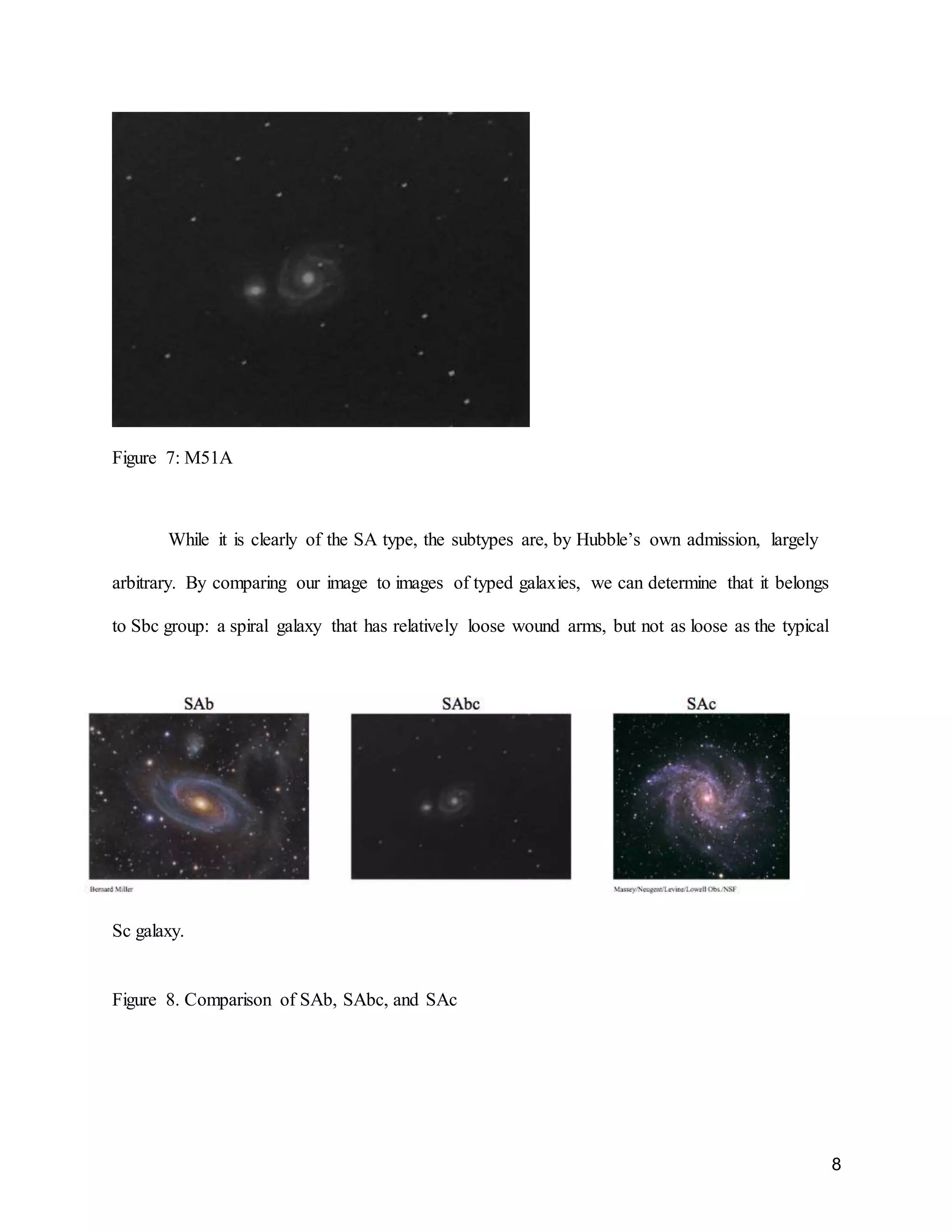 8
Figure 7: M51A
While it is clearly of the SA type, the subtypes are, by Hubble’s own admission, largely
arbitrary. By comparing our image to images of typed galaxies, we can determine that it belongs
to Sbc group: a spiral galaxy that has relatively loose wound arms, but not as loose as the typical
Sc galaxy.
Figure 8. Comparison of SAb, SAbc, and SAc
 