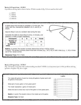 Ratios & Proportions - DOK 1
A problem-solving task is shown below. Which standard (Pg. 3) best matches this task?
a. 6.RP.1
b. 6.RP.2
c. 6.RP.3a
d. 6.RP.3c
Ratios & Proportions - DOK 3
(Pg. 16) Cindy recognizes that understanding standard 7.RP.2b is an important part of this problem-solving
question. Explain why she is right.
 
