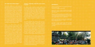 4 5
Project Overview: Merit360 and Action
Plan 001
Our flagship event, Merit360, brought together 360
young changemakers from across the globe to propose
a youth-initiated Action Plan towards realising the SDGs.
Their creativity, initiative and energy are demonstrated
in the following pages. These projects demonstrate the
community’s potential to communicate, collaborate and
create development solutions at a variety of scales. Their
overarching message, as expressed by World Merit’s
General Manager, Marlou Hermsen, is that “We are youth:
we are powerful, we are hungry for change, and we WILL
make a positive contribution to realising a sustainable
future”.
The ideas presented here comprise Action Plan 001.
They are optimistic proposals, containing novel ideas
and detailed understandings of effective ways to mobilise
young people through both on- and off-line platforms to
meet the SDGs. The variety of communication and activism
practices outlined, illustrate both the willingness to but
also the need for young people to bypass mainstream
media and political establishments as they seek to have
their voices heard (Merchant, 2016). In contexts of extreme
injustice or political repression, the storytelling function
of social media provides a vital mechanism for mass
mobilisation, youth engagement and social empowerment.
These proposals also demonstrate an astute awareness
of the need to engage with multiple stakeholders in efforts
to promote sustainable development. At the core of many
proposals is a prioritisation of social entrepreneurialism,
recognising that sustainability in development is not
confined to understandings of environmental sustainability
and climate change, but also a need to ensure long-term,
sustainable funding sources for projects in order to scale-
up and enhance resultant benefits.
References
Gordon, H. R. (2010). We fight to win: Inequality and the politics
of youth activism. New
Brunswick, NJ: Rutgers University Press.
Gordon, H. R., & Taft, J. K. (2011). Rethinking youth political
socialization: Teenage activists talk back. Youth & Society,
43(4), 1499–1527.
Merchant, A. (2016, February 29). Youth Activists: A Force to
be Reckoned With. Retrieved September 01, 2016, from http://
www.huffingtonpost.com/the-youth-assembly-at-the-united-
nations/youth-activists-a-force-t_b_9348276.html
Staeheli, L.A. and Hammett, D. (2013) ‘’For the future of the
nation’: citizenship, nation, and education in South Africa’,
Political Geography, 32, 32-41
UN (2016) 10 Things You Didn’t Know About the World’s
Population, accessed 8/9/16, available at http://www.
un.org/youthenvoy/2015/04/10-things-didnt-know-worlds-
population/
Why work with World Merit?
World Merit reaches out to and works with
grassroots activists who are advancing change in
their local communities. Our members are active
in projects across all SDGs, and are recognised
as local changemakers who can leverage social
and developmental change. They are able to
raise awareness of and active support in efforts
to meet the SDGs amongst young people: over
85% of our members believe their knowledge and
understanding of the SDGs has been increased
by our work (Merit Day Survey, 2016). With only
20% of our activists believing their communities
are very aware of the SDGs, it is vitally important
that we develop and utilise young changemakers
to promote a sustainable and effective global
movement aimed at realising the SDGs.
Based on an 80/20 Principle, World Merit
pursues a radically inclusive agenda for youth
empowerment. With just 20% of input coming
from professionals, 80% of the efforts and
rewards are driven by World Merit changemakers
who are given the autonomy to advance their
initiatives and to take full ownership of their
projects. Thus, by avoiding ‘adultism’ (Gordon,
2010), this approach empowers young activists
– who are supported and mentored by the World
Merit community. Our youthful community are
thus not only able to exercise their rights but are
treated as full citizens of our global community,
and provides for the expression and realisation
of tremendous levels of creativity and innovation.
The incorporation of this youth voice plants the
seeds for an inclusive society and a healthy
democracy (Gordon & Taft, 2011).
 