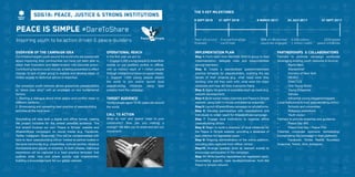 15
Peace is simple #DareToShare
Inspiring youth to be action driven & peace-builders
Overview of the campaign idea
Our initiative targets youth around the world who are passionate
about improving their communities but have not been able to
direct their frustration and determination into concrete action.
Contributing factors could include: a) feeling powerless to effect
change; b) lack of peer group to explore and develop ideas; c)
limited access to technical advice or expertise.
Our proactive youth network allows grassroots peacebuilders
to “share your story” with an emphasis on two fundamental
factors:
1. Starting a dialogue about what peace and conflict mean in
different contexts.
2. Showcasing and spreading best practice of peacebuilding
activities at the local level.
Storytelling will take both a digital and offline format, making
the project inclusive for the widest possible audience. The
first strand involves our own ‘Peace is Simple’ website and
#DaretoShare campaigns on social media (e.g. Facebook,
Twitter, Instagram, Snapchat). This will be complemented with
face-to-face ‘peacebuilding clinics’ hosted at partner bodies in
the local community (e.g. universities, cultural centres, religious
foundations and places of worship). In both phases, individual
experience will be captured in a ‘best practice template’ that
outlines what, how and where activity was implemented,
building a knowledge bank for our global network.
operational reach
In the first year we aim to:
1. Engage 5,000 young people to share their
stories on our platform (online or offline),
with an indirect reach of 1 million people
through interactions/views on social media.
2. Support 1,000 young people around
the world to join and/or launch local
peacebuilding initiatives, using best
practice from the campaign.
partnerships & collaborations
Partners to promote campaign worldwide
(leveraging existing youth networks & forums):
•	 World Merit
•	 Wanderbrief
•	 Humans of New York
•	 AIESEC
•	 ENACTUS
•	 One Young World
•	 Young Enterprise
•	 Ashoka
•	 Influential young bloggers/vloggers
Local institutions to host ‘peacebuilding clinics’:
•	 Schools and universities
•	 Religious institutions
•	 Youth clubs=
Partners to provide expertise and guidance:
•	 Peace Day 365
•	 Peace One Day / Peace First
Potential corporate sponsors (embedding/
incorporating the campaign in their platform):
•	 Facebook, Twitter, Reddit, Buzzfeed,
Snapchat, Twitch, Vine, Instagram
Implementation plan
Step 1: Form team from Merit360 SDG16 group to lead
implementation; delegate roles and responsibilities
among members.
Step 2: Create a standardised questionnaire/best
practice template for peacebuilders, outlining the key
details of their projects (e.g. what issue were they
tackling; who did they work with; what were the major
obstacles and how did they overcome them).
Step 3: Apply for grants to subsidise start-up costs (e.g.
website development).
Step 4: Build social media channels and Peace is Simple
website, using both in-house and external expertise.
Step 5: Launch #DaretoShare campaign on all platforms.
Step 6: Develop partnerships with organisations and
individuals to widen reach for #DaretoShare campaign.
Step 7: Engage local institutions to organise offline
‘peacebuilding clinics’.
Step 8: Begin to build a directory of local initiatives for
the Peace is Simple website, providing a database of
best practice for registered users.
Step 9: Ongoing administration of the online platform,
including data captured from offline ‘clinics’.
Step10: Arrange speaker slots at relevant events to
encourage participation in the campaign.
Step 11: Write monthly newsletters for registered users,
showcasing specific case studies/initiatives from the
Peace is Simple network.
Team structure
finalised
9 sept 2016 21 Sept 2016
Five partnerships
confirmed
9 march 2017
50% of UN member
countries engaged
21 sept 2017
1000 joined
peace initiatives
24 july 2017
5,000 videos
1 million reach
SDG16: Peace, justice & strong institutions
Target audience
Young people aged 13-30 years old around
the world.
Call to action
What do ‘war’ and ‘peace’ mean to your
community? How are you making a
change? We dare you to share and join our
movement!
the 5 key milestones
 
