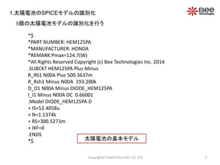 5Copyright(C) MARUTSU ELEC CO. LTD
1.太陽電池のSPICEモデルの識別化
5個の太陽電池モデルの識別化を行う
*$
*PART NUMBER: HEM125PA
*MANUFACTURER: HONDA
*REMARK:Pmax=124.7(W)
*All Rights Reserved Copyright (c) Bee Technologies Inc. 2014
.SUBCKT HEM125PA Plus Minus
R_RS1 N00A Plus 500.3637m
R_Rsh1 Minus N00A 193.200k
D_D1 N00A Minus DIODE_HEM125PA
I_I1 Minus N00A DC 0.66001
.Model DIODE_HEM125PA D
+ IS=52.4058u
+ N=1.1374k
+ RS=300.5273m
+ IKF=0
.ENDS
*$ 太陽電池の基本モデル
 