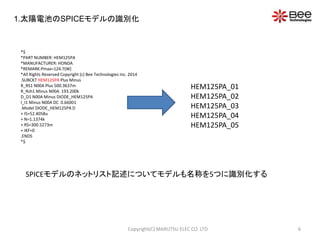 6Copyright(C) MARUTSU ELEC CO. LTD
1.太陽電池のSPICEモデルの識別化
*$
*PART NUMBER: HEM125PA
*MANUFACTURER: HONDA
*REMARK:Pmax=124.7(W)
*All Rights Reserved Copyright (c) Bee Technologies Inc. 2014
.SUBCKT HEM125PA Plus Minus
R_RS1 N00A Plus 500.3637m
R_Rsh1 Minus N00A 193.200k
D_D1 N00A Minus DIODE_HEM125PA
I_I1 Minus N00A DC 0.66001
.Model DIODE_HEM125PA D
+ IS=52.4058u
+ N=1.1374k
+ RS=300.5273m
+ IKF=0
.ENDS
*$
HEM125PA_01
HEM125PA_02
HEM125PA_03
HEM125PA_04
HEM125PA_05
SPICEモデルのネットリスト記述についてモデルも名称を5つに識別化する
 