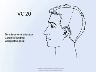 VC 20


Tensão arterial alterada
Cefaleia occipital
Congestão geral




                           www.massagemparatodos.blogspot.com
                            www.consultaenergetica.weebly.com
 