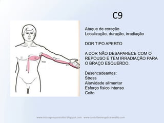 C9
                                     Ataque de coração
                                     Localização, duração, irradiação

                                     DOR TIPO APERTO

                                     A DOR NÃO DESAPARECE COM O
                                     REPOUSO E TEM IRRADIAÇÃO PARA
                                     O BRAÇO ESQUERDO.

                                     Desencadeantes:
                                     Stress
                                     Alarvidade alimentar
                                     Esforço físico intenso
                                     Coito




www.massagemparatodos.blogspot.com www.consultaenergetica.weebly.com
 