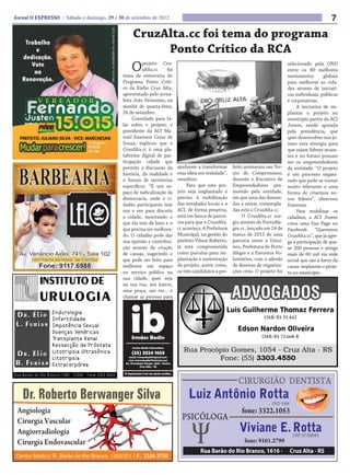 Jornal O EXPRESSO | Sábado e domingo, 29 e 30 de setembro de 2012                                                                                                                                   7
                                                                                               CruzAlta.cc foi tema do programa




                                        CNPJ Cand.: 16.138.908/0001-04 | Valor R$ 55,00
                                                                                                    Ponto Crítico da RCA
                                                                                              O     projeto Cru-
                                                                                                    zAlta.cc
                                                                                          tema de entrevista do
                                                                                                                foi
                                                                                                                                                                              selecionado pela ONU
                                                                                                                                                                              entre os 80 melhores
                                                                                                                                                                              movimentos        globais
                                                                                          Programa Ponto Críti-                                                               para melhorar as cida-
                                                                                          co da Rádio Cruz Alta,                                                              des através de iniciati-
                                                                                          apresentado pelo jorna-                                                             vas individuais, públicas
                                                                                          lista João Verissimo, na                                                            e corporativas.
                                                                                          manhã de quarta-feira,                                                                   A iniciativa de im-
                                                                                          26 de setembro.                                                                     plantar o projeto no
                                                                                               Convidado para fa-                                                             município partiu da ACI
                                                                                          lar sobre o projeto, o                                                              Jovem, sendo apoiada
                                                                                          presidente da ACI Ma-                                                               pela presidência, que
                                                                                          noel Emerson Cezar de                                                               quer desenvolver nos jo-
                                                                                          Souza, explicou que o                                                               vens esta sinergia para
                                                                                          CruzAlta.cc é uma pla-                                                              que sejam líderes atuan-
                                                                                          taforma digital de par-                                                             tes e no futuro possam
                                                                                          ticipação cidadã que                                                                ser os empreendedores
                                                                                          permite a discussão da      ajudarem a transformar      feito assinaram um Ter-     da entidade. “O projeto
                                                                                          história, da realidade e    essa ideia em realidade”,   mo de Compromisso,          é um processo organi-
                                                                                          o futuro de territórios     ressaltou.                  durante o Encontro de       zado que pode se tornar
                                                                                          específicos. “É um es-           Para que este pro-     Empreendedores pro-         muito relevante e uma
                                                                                          paço de radicalização da    jeto seja implantado é      movido pela entidade,       forma de criarmos no-
                                                                                          democracia, onde o ci-      preciso à mobilização       em que uma das deman-       vos líderes”, observou
                                                                                          dadão participante tem      das entidades locais e a    das a serem contempla-      Emerson.
                                                                                          voz e vez para discutir     ACI, de forma proativa,     das está o CruzAlta.cc.          Para mobilizar os
                                                                                          a cidade, mostrando o       está em busca de parcei-         O CruzAlta.cc sur-     cidadãos, a ACI Jovem
                                                                                          que ela tem de bom e o      ros para que o CruzAlta.    giu através do PortoAle-    criou uma Fan Page no
                                                                                          que precisa ser melhora-    cc aconteça. A Prefeitura   gre.cc, lançado em 24 de    Facebook: “Queremos
                                                                                          do. O cidadão pode dar      Municipal, na gestão do     março de 2011 de uma        CruzAlta.cc”, que já agre-
                                                                                          sua opinião e contribui-    prefeito Vilson Roberto,    parceria entre a Unisi-     ga a participação de qua-
                                                                                          ção através da criação      já está comprometida        nos, Prefeitura de Porto    se 200 pessoas e atinge
                                                                                          de causas, sugerindo o      como parceira para im-      Alegre e a Parceiros Vo-    mais de 60 mil via rede
                                                                                          que pode ser feito para     plantação e sustentação     luntários, com a adesão     social que são a favor da
                                                                                          melhorar um espaço          do projeto, assim como,     de dezenas de organiza-     causa: implantar o proje-
                                                                                          ou serviço público na       os três candidatos a pre-   ções civis. O projeto foi   to no município.
                                                                                          sua cidade, quer seja
                                                                                          na sua rua, seu bairro,
                                                                                          uma praça, um rio... e
                                                                                          chamar as pessoas para
 