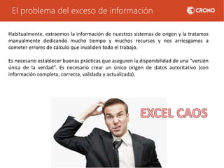 El problema del exceso de información
Habitualmente, extraemos la información de nuestros sistemas de origen y la tratamos
manualmente dedicando mucho tiempo y muchos recursos y nos arriesgamos a
cometer errores de cálculo que invaliden todo el trabajo.
Es necesario establecer buenas prácticas que aseguren la disponibilidad de una “versión
única de la verdad”. Es necesario crear un único origen de datos autoritativo (con
información completa, correcta, validada y actualizada).
 