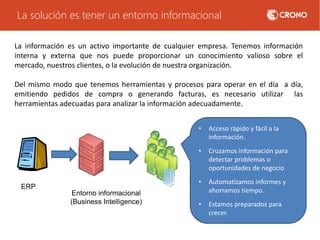 La información es un activo importante de cualquier empresa. Tenemos información
interna y externa que nos puede proporcionar un conocimiento valioso sobre el
mercado, nuestros clientes, o la evolución de nuestra organización.
Del mismo modo que tenemos herramientas y procesos para operar en el día a día,
emitiendo pedidos de compra o generando facturas, es necesario utilizar las
herramientas adecuadas para analizar la información adecuadamente.
La solución es tener un entorno informacional
Entorno informacional
(Business Intelligence)
ERP
• Acceso rápido y fácil a la
información.
• Cruzamos información para
detectar problemas o
oportunidades de negocio
• Automatizamos informes y
ahorramos tiempo.
• Estamos preparados para
crecer.
 