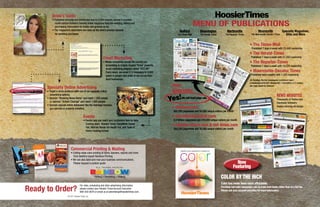 MENU OF PUBLICATIONS
• The Times-Mail
Published 7 days a week with 23,440 readership
• The Herald-Times
Published 7 days a week with 51,550 readership
• The Reporter-Times
Published 7 days a week with 10,320 readership
• Mooresville-Decatur Times
Published twice weekly with 7,320 readership
On Sundays, the four newspapers combine to reach
a readership of 83,625. Readership = Circulation x 2.2 readers
per copy, based on research.
• tmnews.com
860,000 pageviews and 50,000 unique visitors per month
• heraldtimesonline.com
3.6 Million pageviews and 220,000 unique visitors per month
• reporter-times.com  md-times.com
300,000 pageviews and 30,000 unique visitors per month
Print
Newspapers
We sell front page ads.
NEWS WEBSITES
Thousands of Twitter and
Facebook followers.
Award-winning ad design.
Monrovia council
to meet Monday
The
Mo
nro
via
Tow
n Counc
il wil
l me
et at
7 p.m
. Mo
nda
y at the
Mo
nro
via
Mu
nic
i-
pal
Cente
r, 140
E. Ma
in St.
in Mo
nro
via
.
For
info
rmation
on
the
age
nda
, cal
l
317
-99
6-6
114
.August’s BZA meet
is cancelled
The
Mo
rga
n Count
y Board
of Zon
ing
Appea
ls’
me
eting
sch
edu
led
for
Mo
nda
y
has
bee
n can
cel
led
due
to a lac
k of
age
nda
items
. The
nex
t BZA me
eting
wil
l be
hel
d at 6:3
0 p.m
. Sep
t. 27
in the
Mo
rga
n Count
y Admin
istr
ation
Buildi
ng,
180
S. Ma
in St.
in Ma
rtin
svi
lle.
For
mo
re
info
rmation,
cal
l 765
-34
2-1
060.
Service ofﬁcer available
on
Aug. 31
Am
erican
Leg
ion
Pos
t 103
wil
l hav
e a
pub
lic
ser
vic
e office
r ava
ilab
le at noo
n
Aug. 31 at noo
n at the
pos
t, 350
E. Ma
in
St.
in Mo
ore
svi
lle.
The
office
r wil
l be
ava
ilab
le to offer vet
s and
the
ir fam
ily
me
mb
ers
adv
ice
on
the
ir ben
efit
s. Vet
s
nee
d to bring
the
ir dis
cha
rge
doc
u-
me
nts
and
me
dic
al rec
ord
s, if the
y hav
e
the
m.
Talent wanted
Sin
ger
s, dan
cer
s, ins
tru
me
nta
list
s
and
mo
re are
nee
ded
for
the
Hall Civ
ic
Ass
oci
ation
Var
iety Sho
w tha
t wil
l tak
e
pla
ce
on
Sep
t. 11,
dur
ing
the
Mo
nro
via
Fes
tiva
l. You
th and
adu
lts,
ma
le and
fe-
ma
le,
are
nee
ded
. Spo
nso
rsh
ips
are
als
o
ava
ilab
le.
For
mo
re info
rmation
or for
an
app
lica
tion, cal
l 317
-99
6-3
579
.
Golf tourney is Sept. 19
The
Mo
nro
via
Bulldo
g Op
en
Golf
Scr
am
ble
wil
l beg
in at 1 p.m
. on
Sep
t.
19
at Deer Cre
ek
Golf Cours
e, 714
3 S.
Ind
. 39
in Cla
yto
n. The
cos
t is $55
per
pla
yer
, and
hol
e spo
nso
rsh
ip is $10
0. A
fou
rso
me
and
spo
nso
rsh
ip com
bin
ation
is $30
0. Foo
d wil
l be
ser
ved
at the
con
-
clu
sio
n of the
tou
rna
me
nt.
All
pro
cee
ds
ben
efit
the
boy
s’ bas
ket
bal
l tea
m.
To
ent
er a tea
m,
con
tac
t Chris
Sam
pso
n
at 317
-99
6-2
246
, 317
-72
7-8
582
or at
sam
pso
c@
m-gsd
.org.
FFF calling
for anniversary
information
The
Fall Fol
iag
e Fes
tiva
l of Mo
rga
n
Count
y is see
kin
g cou
ple
s ma
rrie
d in
196
0 to hon
or dur
ing
the
fes
tiva
l’s Gold-
en
Anniv
ers
ary
Celeb
rat
ion
in Octob
er.
Coupl
es
or chi
ldren
of cou
ple
s tha
t we
re
ma
rrie
d in 196
0 are
ask
ed
to sen
d the
ir
info
rmation
to the
Fall Fol
iag
e Fes
tiva
l
Off
ice
, P.O
. Box
124
5, Ma
rtin
svi
lle
or cal
l
the
Fall Fol
iag
e Off
ice
at 765
-34
2-0
332
.
Alum
ni bricks
for sale
The
Decat
ur Centr
al Hig
h Sch
ool
Alu
mn
i
Ass
oci
ation
wil
l ded
ica
te its
alu
mn
i
brick
wa
lkw
ay
at 10
a.m
. on
Oct. 2 wit
h
a bru
nch
imm
edi
ate
ly foll
ow
ing
the
ded
ica
tion at a cha
rge
of $5
per
per
son
.
The
pub
lic
is we
lco
me
to att
end
. How-
eve
r, the
dea
dlin
e to pur
cha
se
bricks
is Sep
t. 1. For
mo
re info
rmation,
vis
it
ww
w.d
chs
alu
mn
ias
soc
iation
.co
m or cal
l
Ram
ona
Fry
e Mo
yes
at 317
-27
1-1759
.
Lo
uw
an
ah
(Sh
rak
e)
Ell
is,
85
Pa
me
la
A.
Ga
rri
gu
s, 50
Joh
n E.
Ra
dy
Sr.
, 62
Ge
org
e Jun
ior
Sa
uc
erm
an
, 84Cl
assif
ieds
. . . . . . . . . .B5-B
6
Ob
itu
aries . . . . . . . . . . . . A2
Bu
sin
ess . . . . . . . . . . . . . . A4
Sp
orts
. . . . . . . . . . . . . . B1-B
4
Index
Deaths
Area Briefs
SA
TURDAY, AUGUST
21, 20
10
SIN
GLE CO
PY
75¢
VO
LUME
120 ISS
UE
76
MOORESVILLE-DECATUR
TH
E
TIMES
By
Aaron
Ble
vin
s
abl
evi
ns@
md
-tim
es.com
M
OO
RE
SV
ILL
E
Th
e Mo
oresv
ille
To
wn
Co
un
cil
gav
e pe
rm
iss
ion
Tu
esd
ay
nig
ht
for
the
tow
n’s
fir
e de
pa
rtm
en
t to
solic
it
bid
s for
ne
w
ex
tri
cat
ion
eq
uip
me
nt.
Mo
ore
svi
lle
Fir
eDe
pa
rtm
en
tCh
ief
Tim
Me
dske
r ma
de
the
req
ue
st,
say
-
ing
the
eq
uip
me
nt
is25
ye
ars
old
an
d
isbe
gin
nin
gto
show
it.
He
est
im
ate
d
tha
t the
ne
w
eq
uip
me
nt
wo
uld
co
st
ab
ou
t $4
6,0
00
.
“W
e’v
e ha
d some
iss
ue
s wi
th
it,
bu
t it’s
typ
ica
lly
the
ho
ses
,” Me
dske
r
tol
d the
bo
ard
.
On
eof
the
big
gestiss
ue
sistha
tthe
de
pa
rtm
en
t can
’t pu
rch
ase
rep
lac
e-
me
nts
for
the
eq
uip
me
nt’
s me
ch
an
i-
cal
pa
rts
,as
tho
se
pa
rts
are
no
lon
ge
r
ma
nu
fac
tur
ed
, he
sai
d.
Al
so
, ca
rs
ha
ve
ch
an
gedalot
in
the
las
t25
years
,
an
d the
ne
we
r eq
uip
me
nt
ref
lec
ts
tho
se
ch
an
ge
s, Me
dske
r sai
d.
Co
un
cil
me
mb
er
Jef
f Co
ok
sai
d
de
pa
rtm
en
t fir
e fig
hte
rs
tri
ed
the
hy
drau
lic
res
cu
e too
ls
ou
t for
him
rec
en
tly
, an
d the
y wo
uld
n’t
wo
rk.
Af
ter
som
etin
kerin
g,the
fir
efig
hte
rs
did
ge
t it sta
rte
d,
he
sai
d.
“If
the
y’r
e at
a ca
r ac
cid
en
t or
some
thi
ng
, yo
u kn
ow
tim
e is im
po
r-
tan
t,”
Co
ok
sai
d.
“It
’s de
fin
ite
ly
no
t a
wa
nt;
it’s
a ne
ed
.”
Me
ds
ke
r said
Mo
or
esvil
le
fir
e
fig
hte
rs
ha
ve
be
en
ou
t to
loo
k at
ne
w
eq
uip
me
nt,
an
d he
’s no
t sure
if
the
de
pa
rtm
en
t wi
ll be
ab
le
to
tra
de
the
old
eq
uip
me
nt
in.
W
ith
tig
hte
r
bu
dg
ets
po
ssi
ble
ov
er
the
ne
xt
few
ye
ars
, he
sai
d he
wa
nte
d to
let
the
co
un
cil
kn
ow
of
the
de
pa
rtm
en
t’s
pre
dic
am
en
t no
w.
“T
he
lon
ge
r it go
es,
the
mo
re
ex-
pe
ns
ive
it ge
ts,”
Me
dske
r sai
d.
Ry
an
Go
od
wi
n,the
co
un
cil
’spre
si-
de
nt,
sai
dthe
tow
nha
djus
tbe
gu
nits
bu
dg
et
pro
cess,
wh
ich
he
de
scr
ibe
d
as
a“so
be
rin
gex
pe
rie
nc
e.”
Ho
we
ve
r,
he
ag
ree
d
tha
t the
req
ue
st
wa
s a
“need”
an
d no
t a “w
an
t.”
“It
’sbe
en
used
ma
ny,
ma
ny
tim
es,
”
co
un
cil
me
mb
er
Joh
n Clark
sai
d.
At
the
Ind
. 144
fir
e sta
tio
n on
Fri
-
da
y,Me
dskersai
dthe
cu
rre
nt
sprea
d-
ing
for
ce
of
the
de
pa
rtm
en
t’s
eq
uip
-
me
nt
is
22
,00
0 po
un
ds
pe
r sq
ua
re
inc
h.
He
sai
d ne
w
eq
uip
me
nt
ha
s a
psi of
ab
ou
t 28
0,0
00
.
Ca
rso
n Mc
Cl
ee
ry,
Mo
ore
svi
lle
’s
By
Aaron
Ble
vin
s
abl
evi
ns@
rep
ort
er-tim
es.com
M
OO
RE
SV
ILL
E
A
Mo
ore
svi
lle
mo
the
r ha
s file
d a res
tra
ini
ng
ord
er
on
be
ha
lfof
he
rch
ild
again
staPa
ul
Ha
dle
y
Mi
dd
leSc
ho
olstu
de
nt
fol
low
ing
an
inc
ide
nt
aft
er
foo
tba
ll pra
cti
ce
at
the
mi
dd
le
sch
oo
l.
Sc
ho
ol
off
ici
als
suspen
de
d bo
th
stu
de
nts
for
thr
ee
da
ys,
bu
t the
y wi
ll be
all
ow
ed
to
ma
ke
up
the
ir
wo
rk.
Th
ey
wi
ll als
o no
t suffe
r an
y pu
n-
ish
me
nt
fro
m
the
foo
tba
ll tea
m.
Ho
we
ve
r, the
mo
the
rs
of
bo
th
bo
ys
are
all
eg
ing
tha
t the
oth
er
is the
ins
tig
ato
r.
Th
einc
ide
nt
oc
cu
rre
don
Au
g.13,
wh
en
aPa
ul
Ha
dle
yfoo
tba
llpra
cti
ce
en
de
dear
lyan
dthe
pla
y-
ers
we
re
wa
itin
g on
the
ir
rid
es.
W
hil
e ve
rsi
on
s
of
the
sto
ry
dif
fer
, bo
th
mo
the
rs
say
the
ir
sons
suffe
red
inj
uri
es
be
cau
se
of
the
inc
ide
nt.
Tr
aci
Mo
ye
r, wh
o file
d the
res
tra
ini
ng
ord
er
an
d did
n’t
wi
tne
ss
the
inc
ide
nt,
sai
d on
e of
the
foo
tba
llpla
yers,
abig
gerstu
de
nt,
ha
dbe
en
thr
ow
-
ing
sti
ck
s at
he
r so
n an
d the
n ste
pp
ed
on
his
bo
ok
ba
g,bre
ak
ing
some
ite
ms
.Af
ter
pu
shing
the
stu
de
nt
off
of
the
bo
ok
ba
g, he
r son wa
s pu
nc
he
d
rep
eated
ly
in
the
fac
e,
su
ffe
rin
g a co
nc
us
sio
n,
she sai
d.Mo
yersai
dsom
epa
ren
tsap
pro
ach
ed
he
rwh
en
she arr
ive
d at
Pa
ul
Ha
dle
y.
“T
he
y tol
d me
the
bo
y att
ack
ed
my
son,”
she
sai
d.
Ho
we
ve
r, the
mo
the
r of
the
oth
er
bo
y,
wh
o
did
n’t
wi
tne
ss
the
inc
ide
nt
eit
he
r, sai
d he
r son
wa
s jus
t sti
ck
ing
up
for
him
sel
f. Sh
e sai
d tha
t,
fro
m
wh
at
she wa
s tol
d,
Mo
ye
r’s
son ha
d be
en
“m
ou
thi
ng
” he
r son.
Sh
e sai
d he
r son wa
s the
n
shov
ed
an
dpu
nc
he
dfir
st.
Th
emo
the
rask
ed
tha
t
he
r na
me
an
d the
na
me
of
he
r son be
om
itte
d
fro
m
thi
s sto
ry
so
as
to
pro
tec
t the
ide
nti
ty
of
he
r
son,
wh
o is a mi
no
r.
“M
ysonisagentl
egia
nt,
”shesai
d,ad
din
gtha
t
he
ha
d a he
ad
co
ntu
sio
n an
d wa
s tre
ate
d too
.
Po
lic
e we
re
cal
led
fol
low
ing
the
inc
ide
nt,
an
d
acc
ord
ing
to
the
rep
ort
, the
off
ice
r de
ter
mi
ne
d
tha
tbo
th
juv
en
ile
sha
dba
tte
red
on
ean
oth
er
aft
er
speakin
g wi
th
all
inv
olv
ed
pa
rti
es.
Th
e Mo
ore
svi
lle
Co
ns
oli
da
ted
Sc
ho
ol
Co
rp.
iss
ue
d the
fol
low
ing
sta
tem
en
t: “T
wo
stu
de
nts
at
Pa
ul
Ha
dle
y Mi
dd
le
Sc
ho
ol
we
re
inv
olv
ed
in
PHMSincidentpromptsbullyingallegations
Departmentneedstoolsoftheaid
The
Mo
ore
sville
Fire
Depar
tment
’s ext
rica
tion
equ
ipm
ent
, wh
ich
inc
lud
es a cut
ter
(lef
t), a spr
ead
er (fro
nt righ
t) and
ram
s (rig
ht)
, are
25
yea
rs old
. Pho
to by
Aar
on
Ble
vin
s.
By
Kei
th Rhoad
es
krh
oad
es@
rep
ort
ert
.co
m
M
AR
TI
NS
VI
LL
E
A
19-
ye
ar-
old
Mo
ore
svi
lle
mo
ther
wh
os
e
9-w
ee
k-o
ld
ba
by
wa
sbu
rne
dby
ho
twa
ter
an
dsuffe
red
atlea
steig
ht
bro
-
ke
n bo
ne
s is fac
ing
ad
dit
ion
al
ch
arg
es.Mo
rga
n Co
un
ty
Pro
sec
uto
r
Ste
ve
So
nn
eg
a ha
s file
d ad
-
dit
ion
al
ch
arg
es
of
agg
rav
ate
d
batte
ry
as
a cla
ss
B fel
on
y an
d
batte
ry
res
ult
ing
inbo
dil
yinj
u-
ry
to
a pe
rso
n yo
un
ger
tha
n 13
years
of
age
as
a cla
ss
D fel
on
y
aga
ins
t Ka
itli
n F. Mo
ore
.
M
oo
re
wa
s
pr
ev
ious
ly
ch
arg
ed
wi
th
ne
gle
ct
of
a de
-
pe
nd
an
t wi
th
ser
iou
s inj
ury,
a cla
ss
B fel
on
y,
ne
gle
ct
of
a
de
pe
nd
en
t wi
th
bo
dil
y inj
ury
,
acla
ss
Cfel
on
y,an
dne
gle
ctof
a de
pe
nd
an
t, a cla
ss
D
fel
on
y.
He
r bo
yfr
ien
d an
d the
fa-
the
r of
the
ch
ild
, Jus
tin
H.
We
be
r, 24
, wa
s ch
arg
ed
wi
th
ne
gle
ct
of
a de
pe
nd
en
t,
a
Class
D
fel
on
y.
Du
rin
g
M
oo
re
’s
initi
al
he
ari
ng
, she req
ue
ste
d an
at-
tor
ne
y be
ap
po
int
ed
for
he
r.
Th
e co
urt
ap
po
int
ed
Bil
l Va
n
De
r Po
l to
rep
res
en
t he
r. Sh
e
wa
sord
ere
dhe
ld
on
a$10
,00
0
pr
op
ert
y/s
ur
ety
an
d
$1,
00
0
cas
hbo
nd
.Ano
co
nta
ct
ord
er
wa
s iss
ue
d ba
rri
ng
he
r fro
m
see
ing
he
r ba
by.
Sh
e wa
s ab
le
to
bo
nd
ou
t of
jai
l Tu
esd
ay.
Ac
co
rd
ing
to
th
e
pr
ob
-
ab
le
caus
e aff
ida
vit
file
d by
Moo
resv
ill
e
po
lic
e
off
ice
r
Br
ad
Ya
rn
ell
, a De
pa
rtm
en
t
of
Ch
ild
Se
rvice
s em
plo
ye
e
no
tifi
ed
him
of
apo
ssi
ble
cas
e
of
ch
ild
ne
gle
ct
inv
olv
ing
a
ba
by
wh
owa
sbu
rne
dan
dha
d
no
t be
en
tak
en
to
the
ho
spita
l
by
he
r pa
ren
ts.
Ya
rne
llan
dthe
DC
Swo
rke
r
Mooresville
motherfaces
morecharges
By
Am
y Hillen
burg
ahi
llen
b@
md
-tim
es.com
BR
OO
KL
YN
Be
for
e he
wo
rks
on
an
y oth
er
pro
gra
ms
, Br
oo
kly
n’s
ne
w
ma
r-
sh
al,
Ch
ris
He
ste
r, 24
, sai
d he
wa
nts
to
set
thi
ng
s rig
ht
in
the
po
lic
e de
pa
rtm
en
t.
He
is
als
o
me
nd
ing
fen
ces wi
th
oth
er
po
-
lic
e de
pa
rtm
en
ts
in
Mo
ore
svi
lle
an
dMa
rti
nsvil
lean
dthe
Ma
rio
n
Co
un
ty
Sh
eri
ff’s
De
pa
rtm
en
t.Af
-
ter
som
ebit
ter
dis
pu
tes
be
tw
een
the
tow
n
an
d for
me
r ma
rsh
al
Te
rry
Ca
rly
le,
a lis
t of
mi
ssi
ng
ite
ms
an
d ba
d press
, He
ste
r is
att
em
pti
ng
an
ov
erh
au
l.
He
ha
d be
en
wo
rki
ng
as
de
p-
uty
ma
rsh
al
for
Br
oo
kly
n an
d
be
cam
eint
eri
m
ma
rsh
alin
Ap
ril
wh
en
Ca
rly
lewa
ster
mi
na
ted
.He
wa
s sw
orn
in
off
ici
all
y in
Jun
e.
He
ste
r is
a 20
05
gra
du
ate
of
Ma
rti
ns
vil
le
Hi
gh
Sc
ho
ol
an
d
liv
es
wi
th
his
wi
fe,
Jes
sic
a,
an
d
his
da
ug
hte
rDa
ko
ta,
1,in
Ma
rio
n
Co
un
ty.“W
e’r
e
ex
pe
cti
ng
an
ot
he
r
ba
by
an
y da
y, no
w,”
he
sm
ile
d.
He
ste
rgo
this
de
gre
efro
mVin
-
cen
ne
sUn
ive
rsi
ty
an
dwo
rke
das
ares
erv
eoff
ice
rfor
the
Mo
rga
n-
tow
n Po
lic
e.
Al
tho
ug
h he
sai
d
his
fat
he
r wa
s em
plo
ye
d in
the
Brooklyn’snewmarshalwantshonest,opendepartm
ent
Bro
okl
yn’s new
ma
rsh
al, Chr
is
Heste
r, get
s
into
his
pol
ice
veh
icle
on
a cal
l
We
dne
sda
y. The
200
5 Ma
rtin
s-
ville Hig
h Sch
ool
gra
dua
te has
bee
n ma
kin
g the
Bro
okl
yn
Pol
ice
Depar
tment
mo
re transp
ar-
ent
to res
ide
nts
and
is wo
rkin
g
on
a we
bsi
te.
Pho
to by
Am
y
Hill
enb
urg
.
See
ALL
EGATI
ON
S on
A6
See
CH
AR
GES on
A6
See
EQUIP
ME
NT
on
A6
See
MA
RSHA
L on
A6
Soccer season
underway
Players from
Moo
res-
ville
an
d DC op
en
ed
their season
s with
match
es
on
the
Haw
ks’ pitch.Sports, B3, B4
Thursday
- Sa
turday, Au
gu
st 26-28
Festival begins
at
5:00
p.m. each
day Ca
rniva
l Rid
es
Great Food
Ba
ke
Sh
oppe
Ca
sin
oBe
er
Ga
rden
Ga
me
s for
all
ages
Ou
tlet Store
Silent Au
ction
Lots of
fun
!
Lic
ense
# 121046
$3
50
0 in
rafﬂe prizes!
6350
S. Mooresville Rd
., Indianapolis
MISSFIX-IT
317-871-1537
Tile•Painting
BathroomRemodels
Home
improvementwithawoma
n’stou
ch!
In theKitchenCooking
re-minders
fora sco
rchingsum
mer season
— A3
A fair
boostChurcheslook to save
sou
ls, boostattend
anc
ewith booths
at the
fair
— D4
News brief
Coming event
Deaths
Tuesdaydebateto feature Rep.,
Lib. candidatesfor 4th Dist.Staf
f repo
rtELL
ETS
VIL
LE
Elle
ttsv
ille
is set
to hos
t a deb
ate
nex
twee
kbetw
een
two
4th
Con
gres
-
sion
al Dis
tric
t
can
dida
tes.
Mo
rganCou
nty
is
in
the
4th
Dis
tric
t,
whe
re Rep
ubli
-
can
Tod
d Rok
ita
face
s Dem
ocr
at
Dav
id San
der
s
and
Lib
erta
rian
John
Dun
can
.
Rok
ita
is the
Ind
ian
a sec
re-
tar
y of
sta
te,
San
ders
is an as-
soci
atepro
fess
or
at Pur
due
Uni
-
vers
ity,and
Dun
-
can
isanelev
ator
tech
nici
an.A deb
ate
be-
twe
en
San
der
s
and
Duncan
is set
for
7:30
p.m
. Tue
sday
at
the
Elle
ttsv
ille
bra
nch
of
the
Mo
nro
e Cou
nty
Pub
lic Libr
ary.Rok
ita
will
not
par
tici
pate
, his
cam
paig
n con
firm
ed.
San
ders
sche
dule
d the
Elle
ttsv
ille
eve
nt with
out
inpu
t from
Rok
ita’s
cam
paig
n, said
Mik
e Sull
ivan
, Rok
i-
ta’s
cam
paig
n man
age
r.
San
der
s said
Rok
ita’s
cam
paig
n
did
not
resp
ond
to sch
edu
ling
re-
que
sts
for
57 day
s, so he dec
ided
to
mov
e ahe
ad with
Dun
can
only
.
Rep
orte
r-T
ime
s new
s edi
tor
Ale
asha
San
dley
will
be serv
ing
as a
pan
el mem
ber
dur
ing
the
deb
ate.
EMA to give away hazard
radios starting Monday
The Morg
an Coun
ty Eme
rgen
cy Man
age-
men
t Agen
cy has rece
ived
84 haza
rd
radio
s from
the India
na Depa
rtme
nt of
Hom
eland Secu
rity to give
away to Morg
an
Coun
ty resid
ents
who
live in mob
ile hom
es.
The radio
s will be avail
able
from
8 a.m.
to 3
p.m.
Mon
day through
Frida
y at the agen
cy,
1789
E. Morg
an St. in Mart
insvi
lle. The
radio
s will be on a first-
com
e, first-
served
basis
. Bring
proo
f of resid
ency
whe
n pick-
ing up the radio
.
Haza
rd radio
s disse
mina
te more
than
60 eme
rgen
cy alert
s such
as haza
rdou
s
weather
and
othe
r local area
warn
ings,
inclu
ding
up to date
weather
infor
ma-
tion
broa
dcas
t direc
tly from
the Natio
nal
Wea
ther
Serv
ice. In the even
t of a pow
er
outa
ge or an evac
uatio
n, back
up bat-
tery
pow
er allow
s the radio
s to rema
in
oper
ation
al.Dani
el McC
arthy
, mete
orolo
gist
in char
ge
at the Natio
nal Wea
ther
Serv
ice India
napo
-
lis, says
, “All haza
rds radio
s are as close
as
you’re goin
g to get to som
eone
knoc
king
on your
door
to tell you a tornado
is com
-
ing.”
Joan
ne L. Wil
liam
s, 79
REPORTER-TIMES
MARTINSV
ILLE, IND
• MORGA
N COUNTY’S DAILY NEW
SPAPER
SINCE 1889
VOL. 122, ISSUE 186
SINGLE
COPY 50¢
SATURDAY, AUGU
ST 7, 2010
Coming Monday
GreenGrillingandS’more
Rec
ipes for
sum
mertim
e eats
HealthontheGo
Avo
id gett
ing
trip
ped
up on
vac
atio
nMyFitnessInspiration
Bar
ry Hod
ge of Mo
oresvil
le
Veterans Parade to kick off Sunday for Old Settlers Picnic
By Amy
Hille
nburg
ahillenb@
md-t
imes
.com
MO
OR
ESV
ILL
E
Don
Bar
ry of the
Am
eric
an Le-
gion
Pos
t 103
has
bee
n bus
y sinc
e
May
con
nec
ting
all the
dots
for
the
Vet
eran
s Par
ade
, whi
ch
kick
s off
the
Old
Sett
lers
Fair
and
Picn
ic in
Moo
resv
ille.
The
fun
beg
insat2p.m
.
onSun
day,
and
the
long
line
ofente
r-
tain
men
tbeg
insatMoo
resv
ille
Hig
h
Sch
ool.
It win
ds its way
sou
th, dow
n
Ind
iana
Stre
et and
eas
t on
Ma
in
Stre
et. The
rou
te is the
sam
e each
yea
r,but
Bar
rysaid
ther
ewill
betwo
mor
ebus
ines
ses
inthe
line
up:
Hom
e
Ban
k and
Citi
zen
s Ban
k.
“I’m
told
we’l
lhav
esom
ewiz
ards
,
truc
ksand
wal
kers
from
thes
eban
ks.
I’m
gett
ing
the
com
plet
e list
of all
part
icip
ants
this
wee
k,” Bar
ry said
.
A few
of the
par
ticip
ants
incl
ude
Dav
id San
der
s, Dem
ocra
tic
can
di-
date
for
4th
Dis
tric
t U.S
. Con
gres
-
sion
al seat
, Rep
ubli
can
Part
y floa
t,
Ind
iana
Arm
y Nat
iona
l Gua
rd,
the
Mo
ores
ville
Hig
hSch
ool
Ban
d, clas
-
sic
cars
, the
Mu
rat
Shr
ine
Cor
vett
e
Clu
b and
mor
e.
Bar
rylaug
hed
,sayi
nghiscom
put-
er skil
ls aren
’t the
bes
t, so he relie
s
on Dav
e Gilb
ert,
legi
on com
man
der,
to kee
p him
stra
ight
. He
said
in the
spri
ng,
he
tou
che
s bas
e wit
h the
high
sch
ool,
to mak
e sure
the
park
-
ing
lot is avai
labl
e, and
then
he call
s
Mo
ores
ville
Poli
ce Chi
ef Tim
Vile
s
for
assi
stan
ce dur
ing
the
par
ade
.
Of cou
rse,
Chi
ef Vile
s and
his
wife
,
Bev
, will
be ridi
ng in the
para
de this
Welcometocrunchtime
A car is push
ed over
a log by a strin
g of
cars
in back
of it
durin
g Frida
y nigh
t’s
dem
olitio
n derb
y at
the Morg
an Coun
ty
Fairg
roun
ds whil
e
a ﬁreﬁghte
r tries
to
put out any ﬁre that
my have
start
ed.
The
derb
y was
on
a mud
dy track
that
was
wet
dow
n befo
re
activ
ities
. Phot
o by
Keith
Rhoa
des.
Fallen soldierrememberedwith bench atthefairgrounds
By Keith Rhoades
krho
ades
@reportert.c
om
MA
RTI
NSV
ILL
E
Thr
ee yea
rs ago
, all the
Am
eric
an flag
s on
the
Mo
rgan
Cou
nty
Fair
grou
nds
wer
e low
ered
to half
mas
t to hon
or of one
of the
cou
nty’
s own
,
who
mad
e the
ulti
mat
e sacr
ifice
. Uni
ted
Stat
es
Arm
y Staf
f Sgt.
Wil
liam
Rya
n Frit
sch
e, a 200
2
grad
uate
of Mar
tins
ville
Hig
h Sch
ool,
was
kille
d
in acti
on July
27, 200
7, whi
le figh
ting
nea
r Kam
u,
Afg
han
ista
n. Now
the
fair
has
hon
ored
Frit
sch
e
with
a ben
ch ded
icat
ed in his
mem
ory.
Thu
rsda
y mor
ning
, fam
ily mem
bers
gath
ered
arou
ndthe
ben
chtosee
how
the
fair
has
hon
ored
thei
r love
d one
.
Frit
sch
e was
the
son
of the
late
Wil
liam
W.
Frit
sch
e and
Vol
itta
Frit
sch
e, who
was
at the
tim
e a Mo
rgan
Cou
nty
She
riff
’s Dep
artm
ent
dete
ctiv
e.Frit
sche
reti
red
from
the
she
riff’
s dep
artm
ent
and
took
ove
r the
cou
nty’
s com
mun
ity
corr
ec-
tion
s dep
artm
ent.
It’s
her
wor
kers
who
hav
e
spe
nt the
wee
ks lead
ing
up to the
fair
clea
ning
,
repa
irin
g, and
pain
ting
— lots
of pain
ting
.
Acc
ord
ing
to fair
boa
rd mem
ber
Bill
Rum
-
bau
gh,
nea
rly eve
ry buil
ding
on the
fair
grou
nds
has
had
at leas
t one
coa
t of pain
t.
From
left,
J.W.
And
Robe
rta Mille
r, Ryan
Frits
che’s
gran
dpar
ents
; Edna
Conn
ors,
Ryan
’s aunt
; Volit
ta, Bran
di, and
T.J.
Frits
che;
and
Bran
don
Mille
r, Ryan
’s cous
in, gath
ered
Thur
sday
morn
ing to view
a benc
h that
was
dedi
cate
d in the
fallen soldier’s
mem
ory.
Phot
o by Keith
Rhoa
des.
Sand
ers
Dunc
an
See
PARADE
on page
A4
Lions Club
mem
bers
(from
left)
Bob
Bald
win,
Mark
Thal
er, Bill Colb
ert and
Chuc
k Max
-
well
help
ed set up the step
s to the ente
rtain
men
t stag
e for last
year
’s Old Settlers
Fair
and
Picn
ic. The
weather
prom
ises
to be hot agai
n this
year
for the picn
ic. File phot
o.
See
SOLDIER
on page
A4
FRIDAYAugust 13, 2010 Casablanca Cafecloses; My ThaiCafe to open
Linton Miner preview
Brightly
colored
tile floors,
cheerfu
l painted
walls, a sun-
ny kitchen
, even an outdoo
r
terrace
that will soon feature
a contain
er garden.Those
sights
greeted
the
women
and childre
n who
recentl
y moved
into Middle
Way House
’s New Wings
develop
ment on South Wash-
ington
Street.
“When
you walk in, you
smile,”
Middle
Way House
Execut
ive Direct
or Toby
Strout
said. “For people
for
whom
going
home
is never
the happies
t experie
nce, you
try to create space that makes
them smile.”
JEREMY
HOGAN
| HERALD-TIMES
Toby Strout opens the door to a bedroom
Thursday
at Middle Way
House’s
new shelter for abused women and their children.
Women’s shelter staff,residents move intoNew Wings facility
JEREMY
HOGAN
| HERALD-TIMES
Clara Wilson stands in the kitchen Thursday
at the new Middle Way House shelter in the old Coca-Co
la bottling
plant on South Washing
ton Street.
After more than 5 years of planning, fundraising and building,
MiddleWayinnewhomeBy Bethany
Nolan331-4373
| bnolan@
heraldt.co
m
Heathe
r Crawfo
rd turned
19 years old Wedne
sday. On
Thursd
ay, she pleaded
guilty
tostabbin
ghermother
’sboy-
friend
— who then bled to
death
— more than three
years ago after an argume
nt
over what to watch
on tele-
vision.
Crawfo
rd was charge
d
with murde
r but pleade
d
guilty to an amende
d charge
of aggrava
ted battery.
A sec-
ond charge,
battery
resultin
g
in serious
bodily
injury,
is to
be dismis
sed. Aggrav
ated
battery
carries
a possibl
e jail
term of six to 20 years,
but
the plea agreem
ent in the
case calls for her to get no
more than 12 years in jail.If she follows
jail rules,
Crawfo
rd will serve just half
of the sentenc
e she receive
s
Sept. 10 from Monroe
CircuitJudge Mary Ellen Diekho
ff.
Crawfo
rd also will receivecredit
for the three
years
she has spent in the MonroeCounty
Jail since her arrest.Crawfo
rd was just 15 years
old when a family
argume
nt
took place; Michae
l Lewis at
one point kicked
a dog and
Crawfo
rdwenttothekitchenand returne
d with a knife.
Witnes
ses reporte
d that the
girl’s twin sister tried to stop
her, but Crawfo
rd plunge
d
the knife into 38-year
-old
Lewis’s
chest.
A police
affidav
it states
Crawfo
rd “went
back inside
theresiden
ce,grabbed
aknife
fromthekitchen
,cameoutof
the residen
ce, began
swing-
ing the knife and stabbe
d
Teenager makesplea deal in ’07stabbing deathWoman, 19, pleadsguilty to aggravatedbattery for killing hermother’s boyfriendBy Laura Lane331-4362
| llane@he
raldt.com
TODAY’S
WEATHER
| BACK PAGE
98 69 INDEX
Business
E4Classified
s
C1-8Comics
C2, D3Crosswor
ds
C4,7Down to Earth
D1,5Horoscop
es
D3Local
A2-3Lotteries
A2Movies
D4Nation  World
E1-3Neighbor
s
D6Obituarie
s
A2Opinion
A4Sports
B1-4Sudoku
C6Television
D2
Vol. 134, No. 80© Hoosier
Times Inc. 2010
Latest forecast is on HTOGet weather
updates
at Her-aldTimes
Online.co
m/weath
er,
or on your mobile device at HTONL.m
obi. Sign
up for severe weather
alerts sent by e-mail or
text message
at HeraldTim
esOnline
.com/nl.
Monroe
County
Commu
-
nitySchool
Corp.’s
brandnew
transpo
rtation
center
cost
around
$6 million
to build,
said Mike Schere
r, directo
r
of extende
d service
s for the
school
district
,butsomeofits
feature
s could end up saving
the school
district
money
in
the long run.
Thebuildin
gwasdesigne
d
with Earth-f
riendly
feature
s
that will reduce
energy
and
water bills. Located
off North
Transportation centeris bigger and designedto save energy, water
DAWN HEWITT
| HERALD-TIMES
Monroe
County Commun
ity School Corp.’s new transpor
tation center, off North Drive near South Henders
on
Street, was designed
with many environm
entally friendly features,
including
passive solar natural lighting,
a
rainwate
r catchme
nt system and an energy-e
fﬁcient white roof.
MORE: Read about the center’s
rain water-co
llection
system
in today’s
Down to Earth section,
page D1.
New MCCSC bus center is Earth-friendlyBy Dawn Hewitt331-4377
| dhewitt@
heraldt.co
m
SEE MCCSC
CENTER
| PAGE A5
SEE STABBING
DEATH | PAGE A5
Previous stories
Read previous
related stories on
this case, linked from this story on
HeraldTim
esOnline
.com.
Most local residen
ts and
politici
ans are focused
on the
upcom
ing races on the fall
general
election
ballot.Bloomi
ngton
Mayor
Mark
Kruzan
is thinkin
g about
a
general
election
race, too —
the 2011 race for the mayor’s
office.
Even though
the race will
not appear
on the ballot until
next year, Kruzan
has quietly
started
his campai
gn to be the
city’s mayor
for a third term.
He’s already
had a fund-raising
event.
“A may-or has theopportu
nityto impro
vethe livabili
tyof a commu
-nity,” Kruzan
said. “There
’sno better job than that.”Kruzan
, first elected
to
the post in 2003 after several
terms in the Indiana
Genera
l
Assemb
ly, has recentl
y guid-
ed the city through
a period
of econom
ic torpor
that has
caused
a drop in tax revenue
Kruzan already workingon 2011 re-election bidMayor raising funds toseek third term at helmBy Michael
Malik331-4370
| mmalik@
heraldt.co
m
KRUZAN
SEE KRUZAN
| PAGE A5
SEE MIDDLE
WAY | PAGE A5
“When you walk in,you smile. For peoplefor whom going homeis never the happiestexperience, you try tocreate space that makesthem smile.”
TOBY STROUT,
executiv
e directorof Middle Way House, discussin
g
the new facility for abused women
A1
$7.00OFF
1357 S. Libert
y Dr.337-0703Coupon
Code
HT7 Expires
9-9-10.
Full Servic
eOil Chang
e
Localdealsdeliveredtoyourphone!
Get special deals and announcements delivered right to your phone via text message*
*Must show your phone to
unlock
these deals. Standardtext messaging
rates apply.
...ordownload
theFREE
Zip2SaveappforyouriPhoneorDROID
BUSINESS
OFFER
INSTRUCT
IONS
Asuka
$6 off $25 hibachi
meal
Text HTASUKA
to 79338
Chicago’s
Pizza
$3 off large pizza
Text HTCHICAG
OS to 79338
Curves
- Blooming
ton
Join for 50% off
Text HTCURVES
to 79338
Dogwood
Realty
Weekly
featured
homes for sale
Text HTDOGWO
OD to 79338
Fatman’s
BBQ
Free large drink with dinner combo purchase
Text HTBBQ
to 79338
Honeybak
ed Ham
Free cookie and drink with sandwich
purchase
Text HTHAM
to 79338
Kilroy’s
Sports
Bar
Specials
and announce
ments
Text HTSPORTS
to 79338
Pedigo
Heartland
Crossing
Chevy
$300 off a used car
Text HTPEDIGO
to 79338
Plato’s
Closet
$10 in-store
coupon
with $50 purchase
Text HTPLATOS
to 79338
Roly Poly
Free chips and drink with sandwich
purchase
Text HTROLY
to 79338
Show Me’s
$4.95 lunch specials
Text HTSHOWM
ES to 79338
T.A. Fuller Homes
$500 off closing
costs
Text HTHOMEB
LDR to 79338
Victory
Lane Quick Oil Change
$7 off full-servic
e oil change
Text HTVICTOR
Y to 79338
Discussion centers
around police rules,
mayoral plans
BY KRYSTAL SHETLER
kshetler@tmnews.com
MITCHELL — Terry Bock’s
ability to judge former police
ofﬁcer Steve Blair was called in
to question after video from a
squad car’s camera surfaced,
documenting nearly an hour of
conversation between the two
men.
Bock sits on the city of Mitch-
PARADE ENTRIES DUE SOON
MITCHELL — Entry forms for the 2010
Mitchell Persimmon Festival Parade must be
submitted by Sept. 11. Forms are available at
www.persimmonfestival.org or at the Greater
Mitchell Chamber of Commerce.
The ﬂoat contest includes cash prizes and
is open to nonproﬁt organizations: $1,000
for ﬁrst place; $500 for second; and $250 for third.
— Times-Mail
WEATHER
HIGH
95
LOW
62Forecast,
back page
Faith
fun
ON the JOB
TRAINING
Newsroom: 277-7250 AUGUST 13, 2010 50 cents Vol. 126, No. 297
Online: www.tmnews.com
FRIDAY
A3
GO
Colts
SCRIPTURE
“God hath not given us the
spirit of fear; but of power, and
of love, and of a sound mind.”
— II Timothy 1:7
INDEX
Classiﬁed..C1-6
Comics........ C3
Faith......... A3-4
Opinions...... A7
Police log..... A2
Puzzles........ C4
Sports ......B1-4
TV ............... C4
Women
in prison
BY BOB BRIDGE
bob@tmnews.com
BEDFORD — Not all wom-
en are comprised of sugar, spice
and everything nice. Like their
male counterparts, they are
fallible humans, prone to mis-
takes.
A few decades ago, the pres-
ence of a woman in a jail cell
was a rare sight. Today, women
represent the fastest-growing
segment of the prison popula-
tion, surpassing male prison
population growth in all 50
states, according to the Insti-
tute on Women and Criminal
Justice. Though the pace has
ebbed since 2000, the rate at
which women are added to pris-
ons each year remains high.
The female population at
the Lawrence County Jail has
followed that trend. Arrests
of women spiked from 438 in
2003 to 547 in 2007. There
were 550 arrests in both 2008
and 2009.
Lawrence County Sher-
iff Sam Craig
said he utilizes
three eight-
bed blocks
to accommo-
date women
inmates. The
female popula-
tion at the jail
is currently 21.
Most prisoners
range in age from 18 to 30.
“If we have more than 24
female inmates it becomes a
problem because of the num-
ber of beds,” Craig said. “We
contact the courts, talk with of-
ﬁcials about what can be done,
Fields, crops beat heat
Despite record-highs,
crops look to produce
good yields
BY MIKE RICKETTS
miker@tmnews.com
For Springville cattle farmer Alan
Armstrong, this weekend’s forecast
is one he hopes is right on.
Forecasters are calling for a cold
front to move through the area Sat-
urday evening which could bring
rain as well.
Armstrong said the summer’s
weather has been good for cattle
owners and row crop farmers, un-
til about two weeks ago.
“It’s been wet all summer,” Arm-
strong said. “And then it went from
wet to dry in about two weeks. It
just shows how quickly things can
turn around.”
Armstrong said farmers aren’t in
panic mode yet. But some rainfall
would help.
“If it continues like this, it could
cause some water shortages,” he
said. “But we’re not at that point
yet.”
Lawrence County Purdue Ex-
tension Educator Dave Redman
agreed.
“The pastures are starting to take
their toll,” he said. “There has been
a decline in pastures and grazing.
But it’s not been bad enough for
farmers to start supplemental feed-
ing.”
Redman said cattle farmers need
to make sure their herds have a
source of clean water and access to
shade.
Reducing stress by limiting
movement, he added, is also im-
portant.
As far as corn and soybeans,
things are pretty good, Redman
said.
The effect of hot temperatures
and dry weather will vary much in
different ﬁelds.
“It could disrupt some pollina-
tion,” he added. “But for the most
part, the corn is already pollinat-
ed.”
Late-planted corn could see
more problems with not properly
pollinating, which could reduce
yield, he added.
According to the USDA National
Agricultural Statistics Service’s
Aug. 1 report, 63 percent of corn
and 64 percent of soybeans fell in
27740 000037 8
Out of Spec
BEDFORD
Jewell Hagan
Chastain, 81
FAYETTE-
VILLE
Richard A.
“Dick” Jones, 70
ELSEWHERE
Marilyn Sue
Patton, 67,
Norman
Carl H. Bledsoe,
81, Paoli
Obituaries,
page A2
DEATHS
Sam
Craig
Michelle
Woodward
Terry Bock Steve Blair
Andrea
McCord
Times-Mail / GARET COBB
BEDFORD — Chris Tolbert uses a dump wagon while harvesting corn in a ﬁeld on U.S. 50 West for McKnight Farms Wednesday af-
ternoon. Tolbert is the brother-in-law to the owner, Jeff McKnight.
Tape: Bock
‘hot after the
job’ of mayor
SWELTERING SUMMER
Hot and dry
temperatures
nearing records
BY MIKE RICKETTS
miker@tmnews.com
Two words describe
the recent weather: hot
and dry.
Just how hot?
Hot enough to can-
cel racing tonight at
Bloomington Motor
Speedway, according to
spokesman Ron Green.
That’s something that
hasn’t happened in 87
years at the clay oval
track.
An excessive heat
warning remains in ef-
fect through tonight,
said National Weather
Service meteorologist
Adam Baker. If highs
in Indianapolis hit 95
today, it will be the ﬁrst
time since 1983 that
the city has hit temper-
atures of 95 or higher
ﬁve days in a row.
For the start of Au-
gust, the normal high is
84.5, Baker said. So far,
the average high has
been 89.3.
The normal average
temperature for this
time of year is 73.5, but
so far, the average has
been 77.7.
And just how dry has
it been?
Not a drop of rain has
fallen in Bloomington,
which puts the area far
below the August aver-
age of 3.99 inches, Bak-
er said.
July, also, was hotter
Drugs driving force behind spike
in female arrests during past decade
MITCHELL POLICE
B1
A7
Relief may be
on the way?
see RELIEF back pagesee RECORDED page A6
see WOMEN back page
see HEAT back page
A1
KMART PLAZA • 1210 JAMES AVE. • BEDFORD • 277-8000
Class Rings
Starting at
$129!
Buy your class ring now
and wear it
all year!
Johnny Appleseed says
We are picking CRESTHAVEN  BISCOE PEACHES.
Excellent for eating, cobblers and pies.
Also Home Grown
SWEET CORN CANTALOUPES
WATERMELON TOMATOES
GALA APPLES
This season’s apples…
excellent for eating!
HOURS: Monday thru Saturday 9am - 6pm • Sunday 1pm - 6pm
3 Miles South of Bedford on Hwy. 37
Email Marketing
• Media companies across the country are
	 scrambling to imitate Hoosier Times’ powerful
	 email marketing program called “HTO VIP.”
	 Every week, we email 2-5 messages to 9,000
	 opted-in people who enter to win prizes from
	 local businesses.
Events
• Events help you reach your customers face-to-face.
	 Coming soon: Hoosier Times Classifieds Career
	 Fair, INstride Hands-On Health Fair, and Taste of
	 Home Cooking School.
Specialty Online Advertising
• Target a niche audience with one of our specialty online
	 advertising options.
• Sponsor “Breaking News Alerts” and reach 1,800 people
	 or sponsor “School Closings” and reach 1,900 people.
• Sponsor popular online databases like the marriage licenses,
	 gun permits or property transfers.
For rates, scheduling and other advertising information,
please contact your Hoosier Times Account Executive:
800-422-0070 or email us at advertising@hoosiertimes.com.
Commercial Printing  Mailing
• Cutting-edge color printing of flyers, banners, reports and more
	 from Bedford-based Rainbow Printing.
• We can also label and mail your business communications.
	 Please request a custom quote.
RAINBOWPrinting • Marketing • Mailing
A L L T H I N G S P R I N T E D
Mooresville
The Mooresville-Decatur Times
Martinsville
The Reporter-Times
Bloomington
The Herald-Times
Bedford
The Times-Mail
Specialty Magazines,
Sites and More
© 2011 Hoosier Times, Inc.
Ready to Order?
Bride’s Guide
• Published annually and distributed free to 5,000 readers, across 3 counties
	 south-central Indiana’s favorite bridal magazine features wedding advice and
	 purchasing information for brides and grooms-to-be.
• The magazine’s advertisers are seen as the area’s premier sources
	 for wedding purchases.
Yes!
Now
Featuring
Color by the Inch
Color has never been more affordable.
Purchase full-color newspaper ads on a per-inch basis,rather than at a flat fee.
Please ask your account executive for more information.
Speak to your customers in a rainbow of
color
 