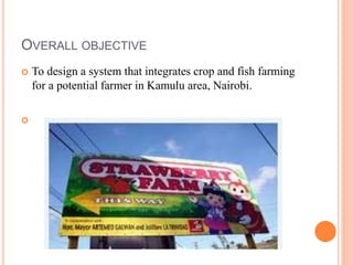 OVERALL OBJECTIVE
 To design a system that integrates crop and fish farming
for a potential farmer in Kamulu area, Nairobi.

 