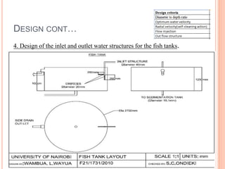 DESIGN CONT…
4. Design of the inlet and outlet water structures for the fish tanks.
 